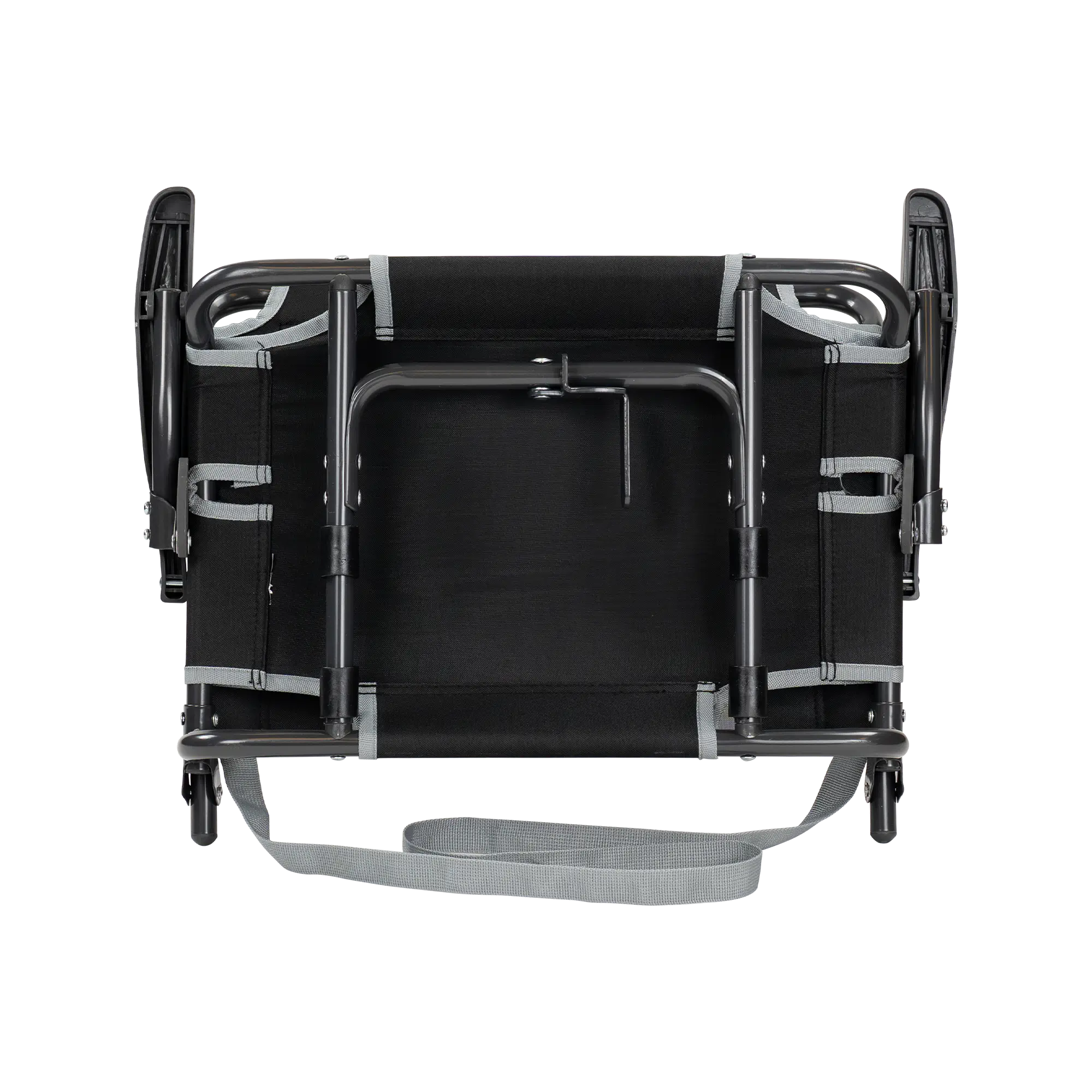 Underside of the black big comfort stadium chair with armrests with the l-hook closed.