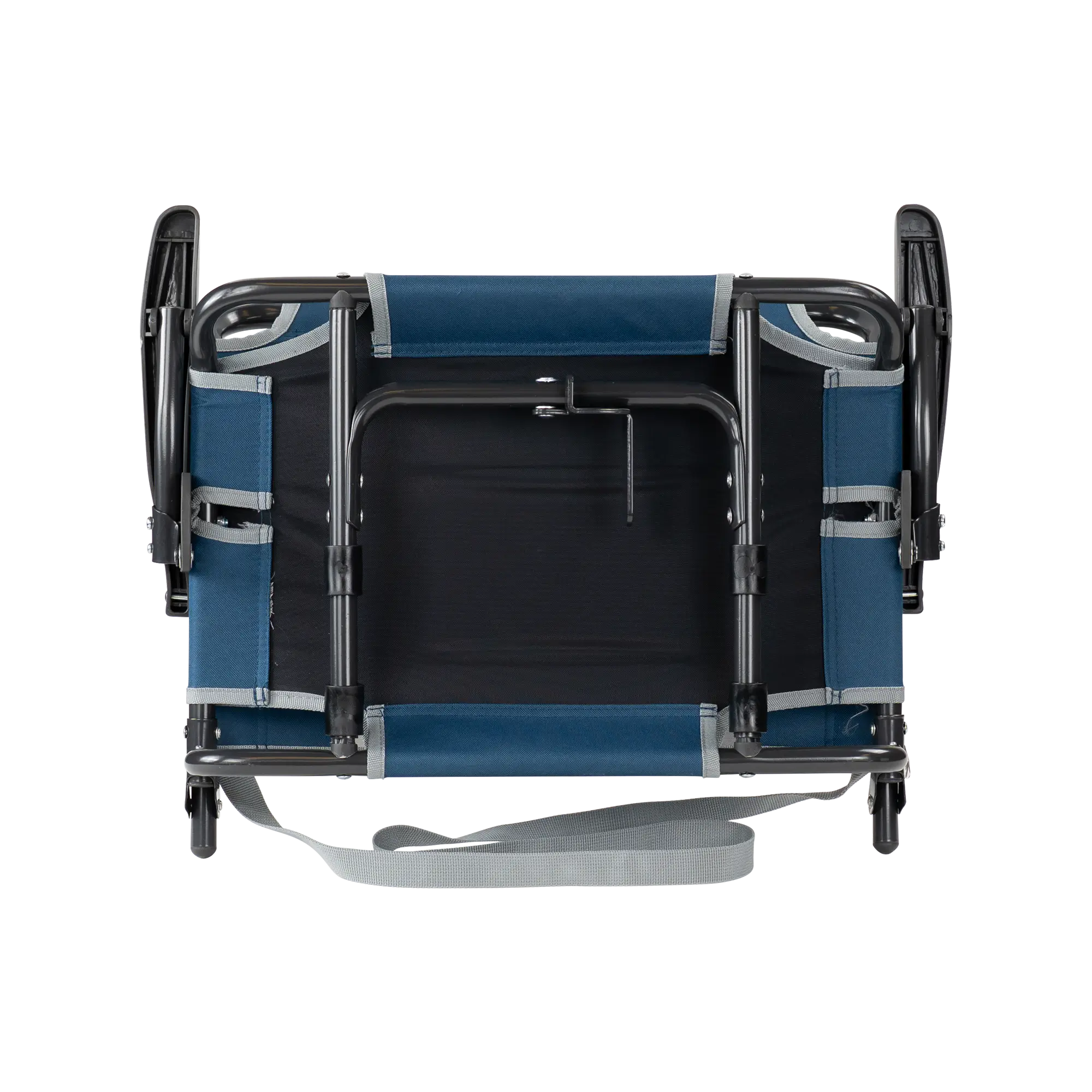 Underside of the navy big comfort stadium chair with armrests with the l-hook closed.