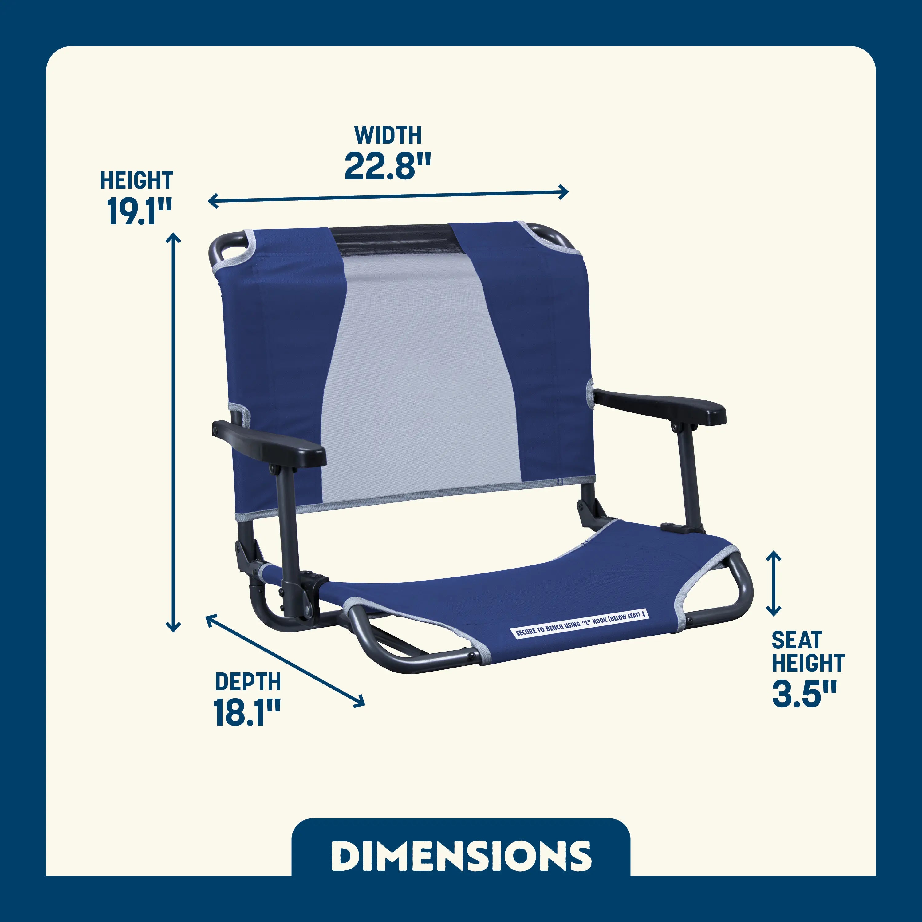 Dimension overview of the Big Comfort Stadium Chair, showing labeled seat height, width, depth, and back height.