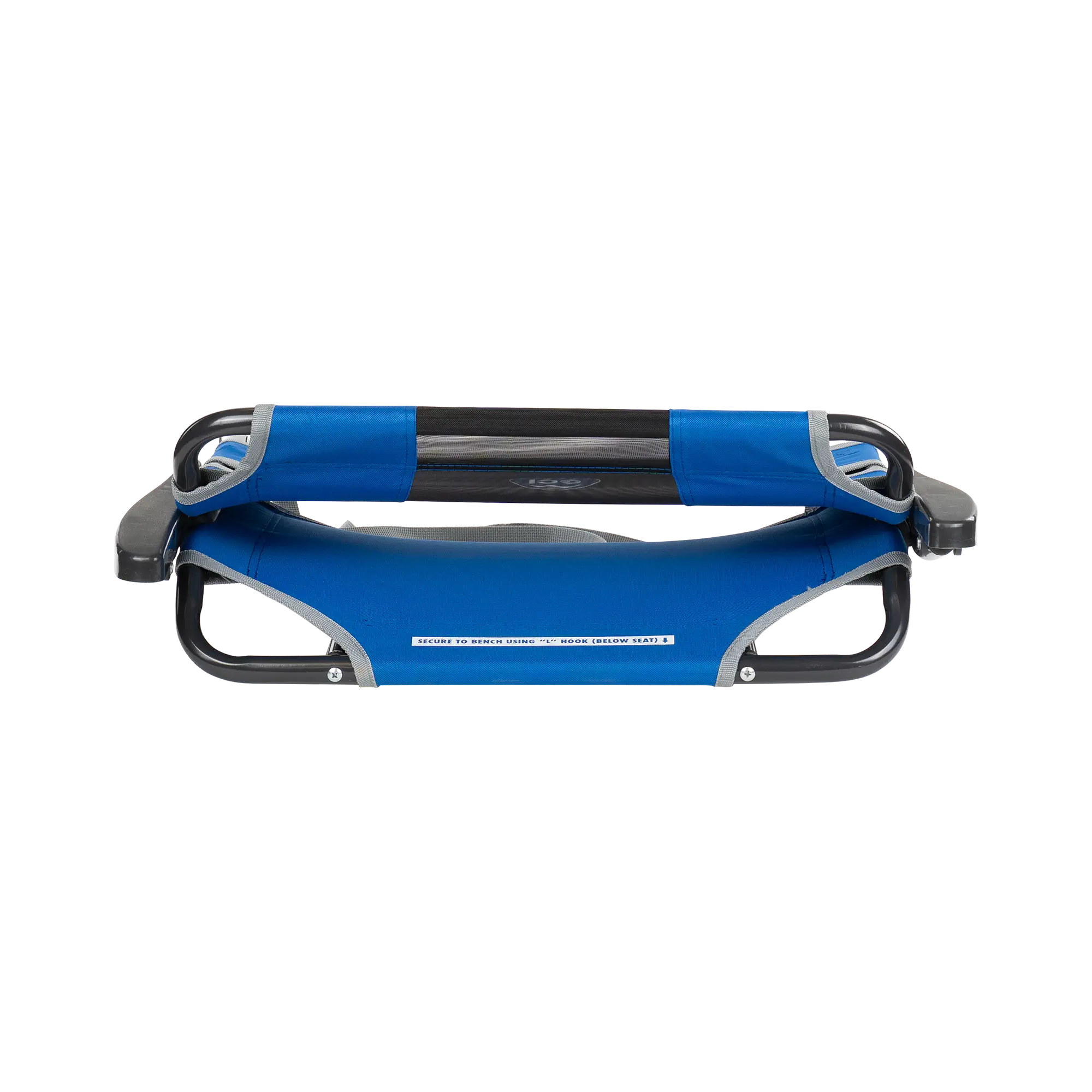 The royal blue big comfort stadium chair with armrest folded up.