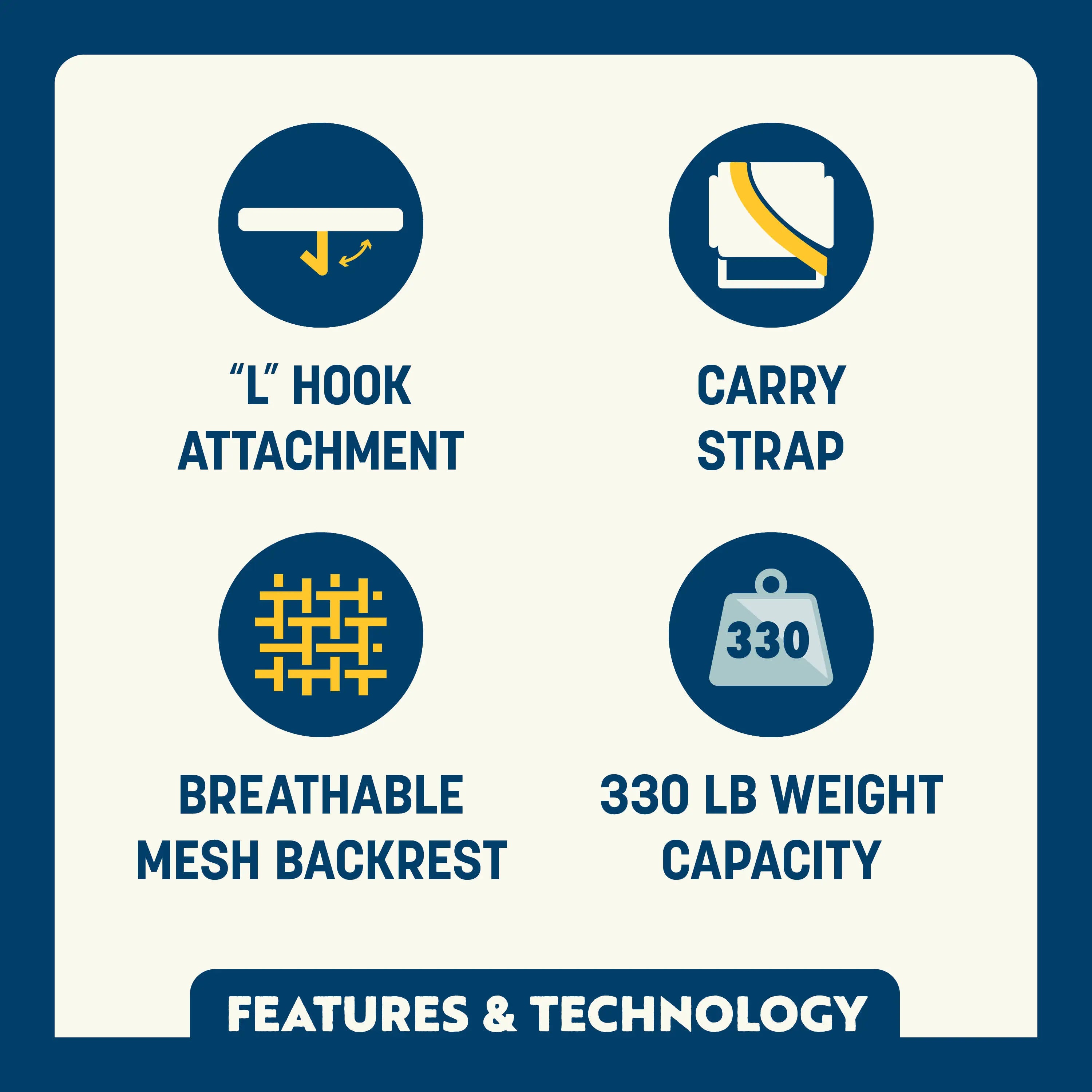 Feature callout for the Big Comfort Stadium Chair with ‘L’ hook attachment, carry strap, breathable mesh backrest, and 330 lb weight capacity.