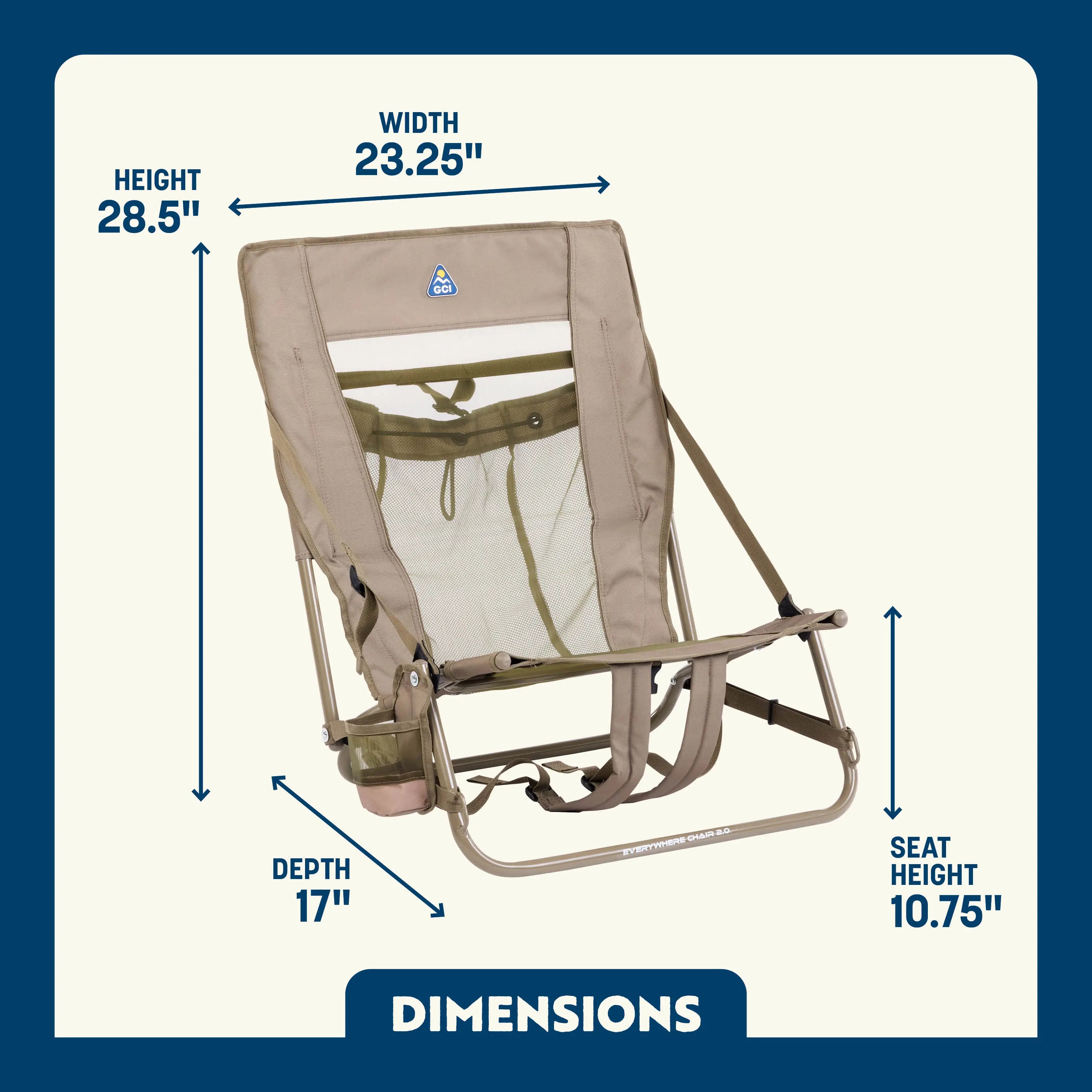 Dimension overview of the Everywhere Chair 2 in Aged Fatigue, showing height, width, depth, and seat height with labeled arrows
