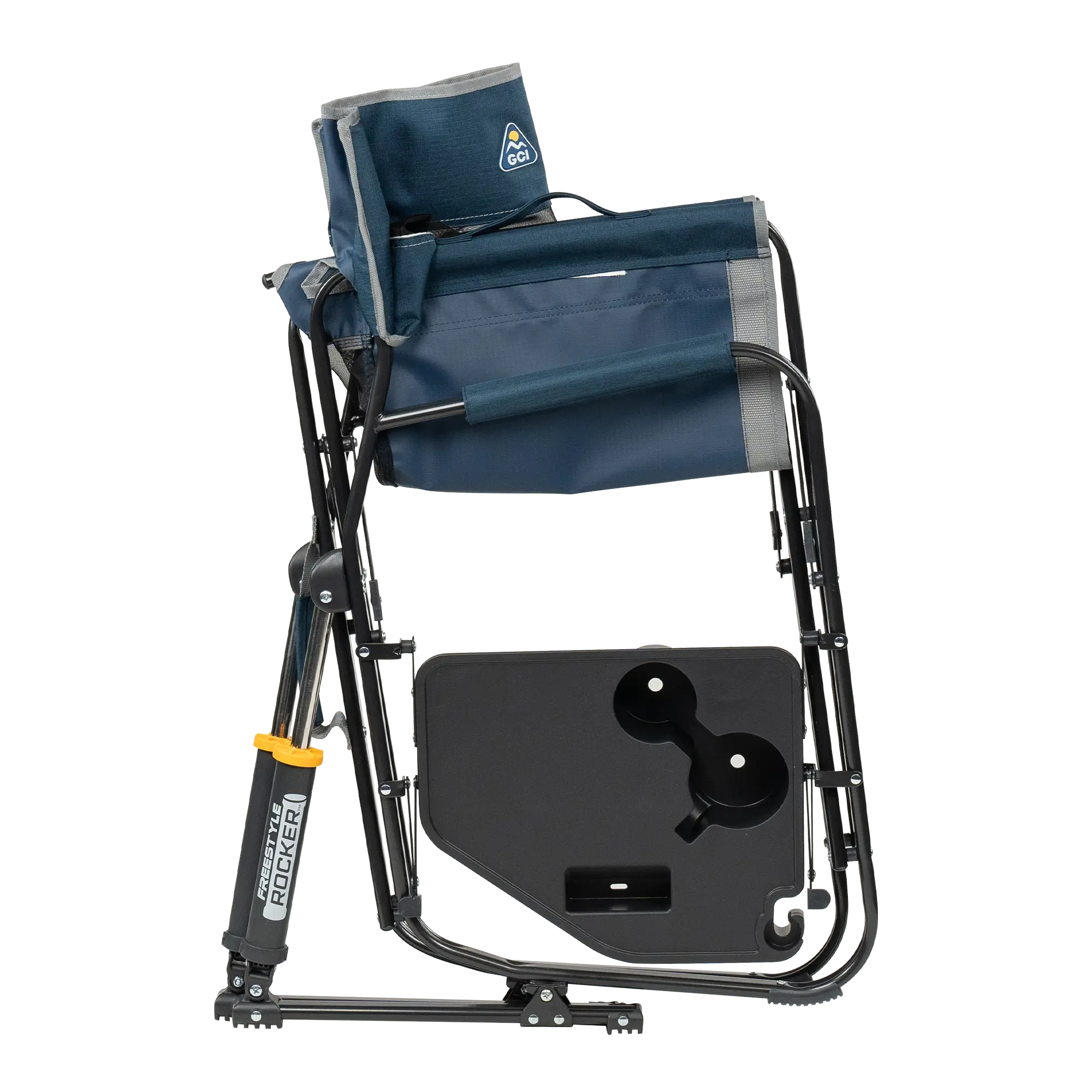 Folded GCI Outdoor Freestyle Rocker with attached side table and labeled armrest.