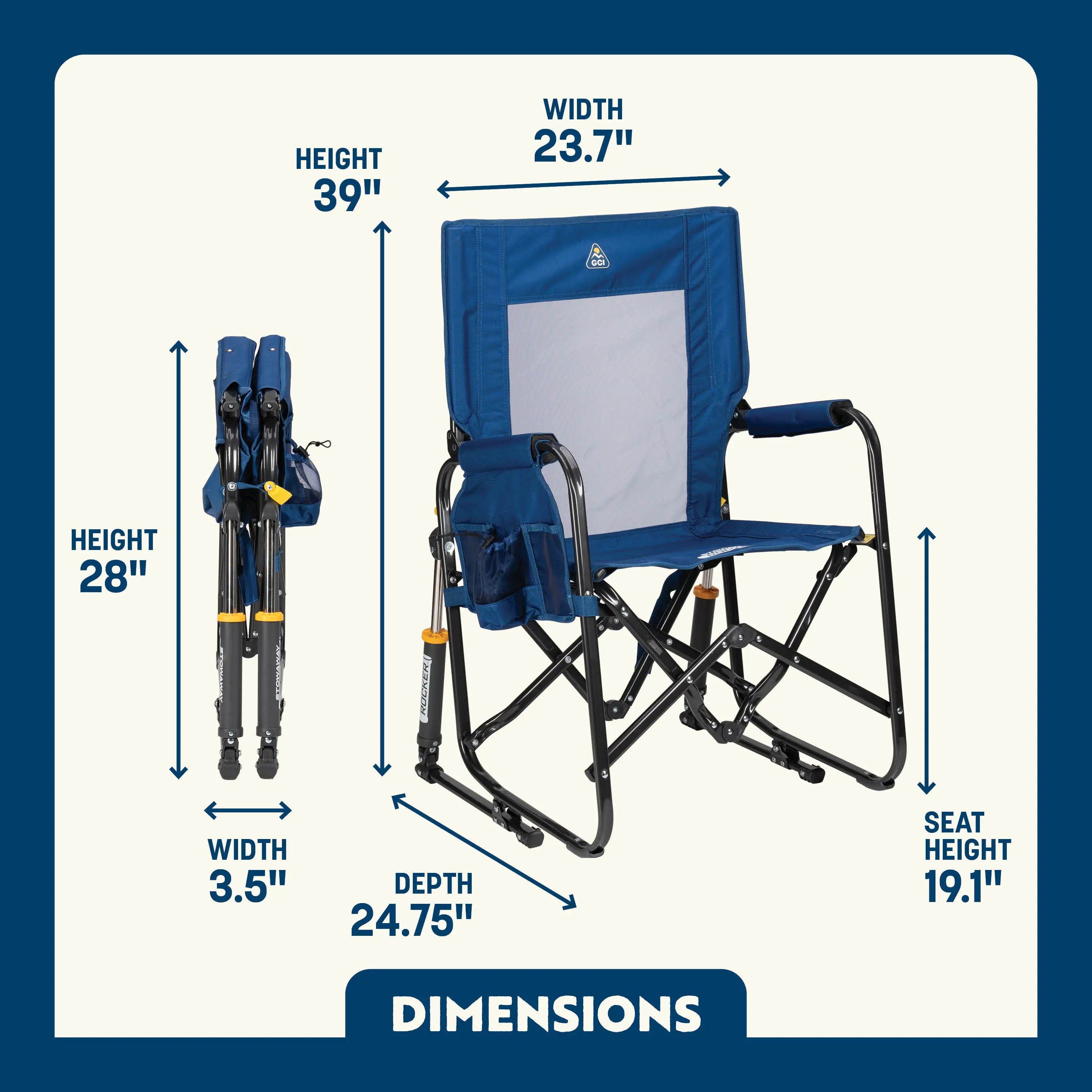 Stowaway Rocker shown open and folded, with compact frame, mesh panel, and labeled seat and chair dimensions.