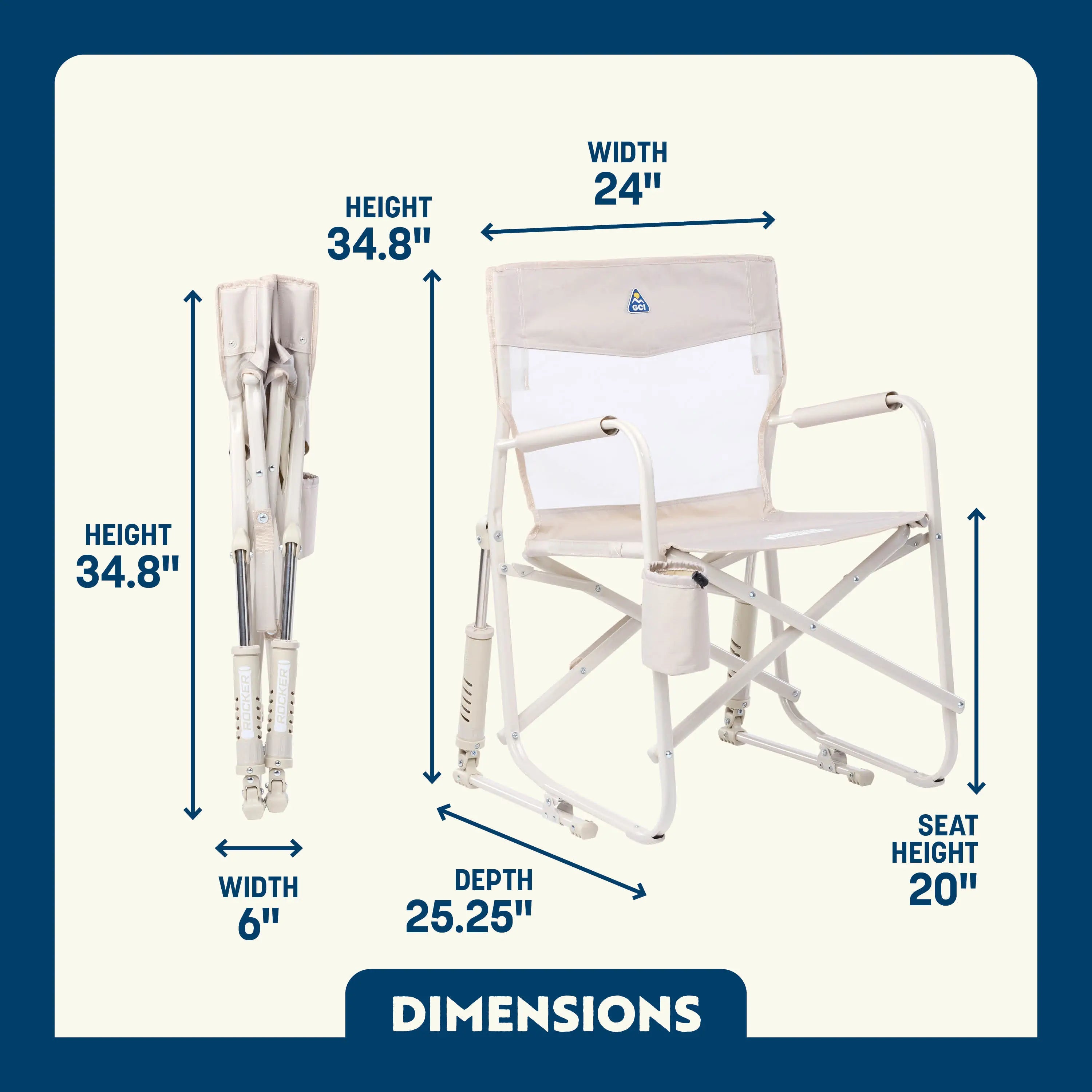 Soft Neutral Freestyle Rocker Elite shown open and folded, featuring mesh back and cupholder; dimensions labeled.