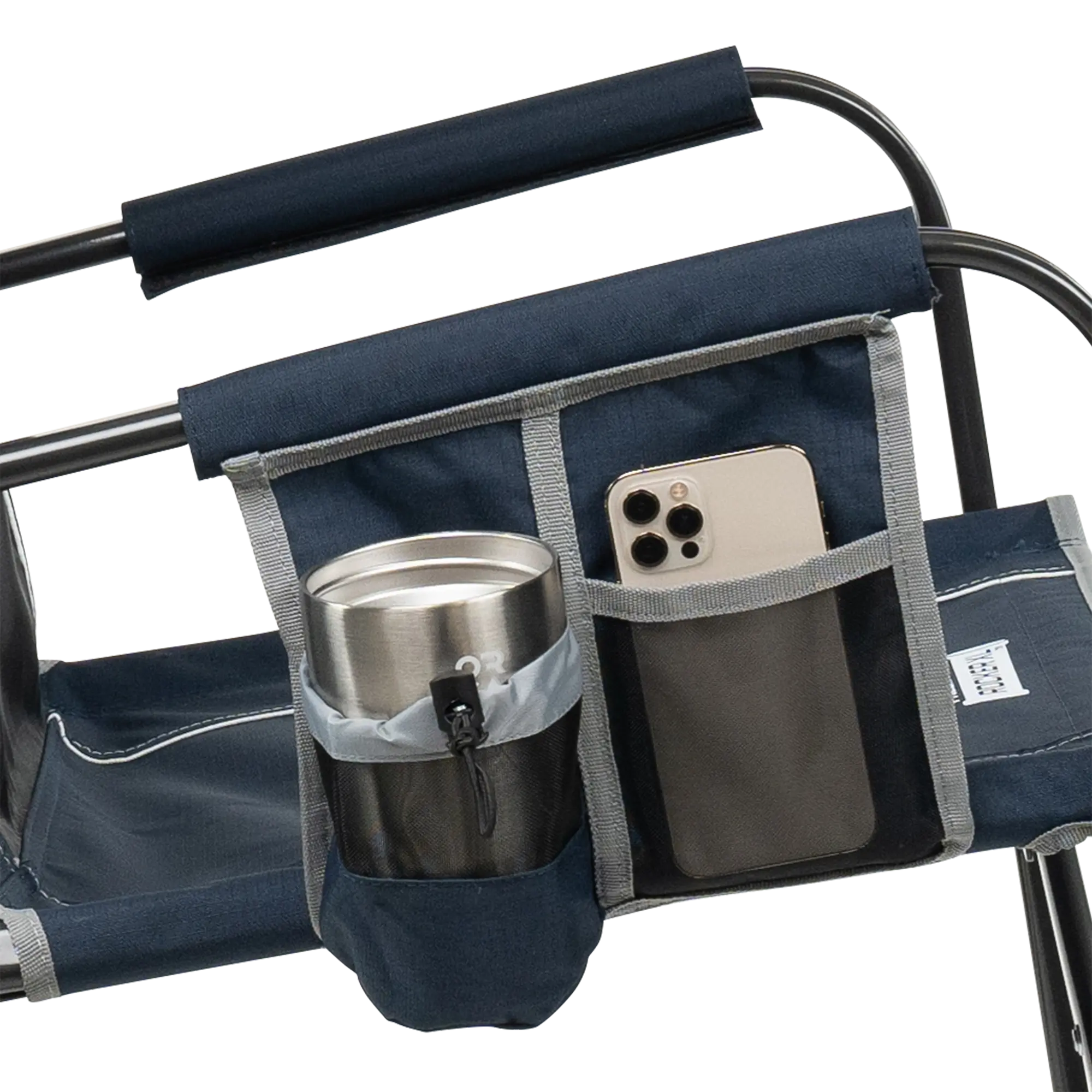 GCI Outdoor Freestyle Rocker XL side pocket holding a tumbler and smartphone.