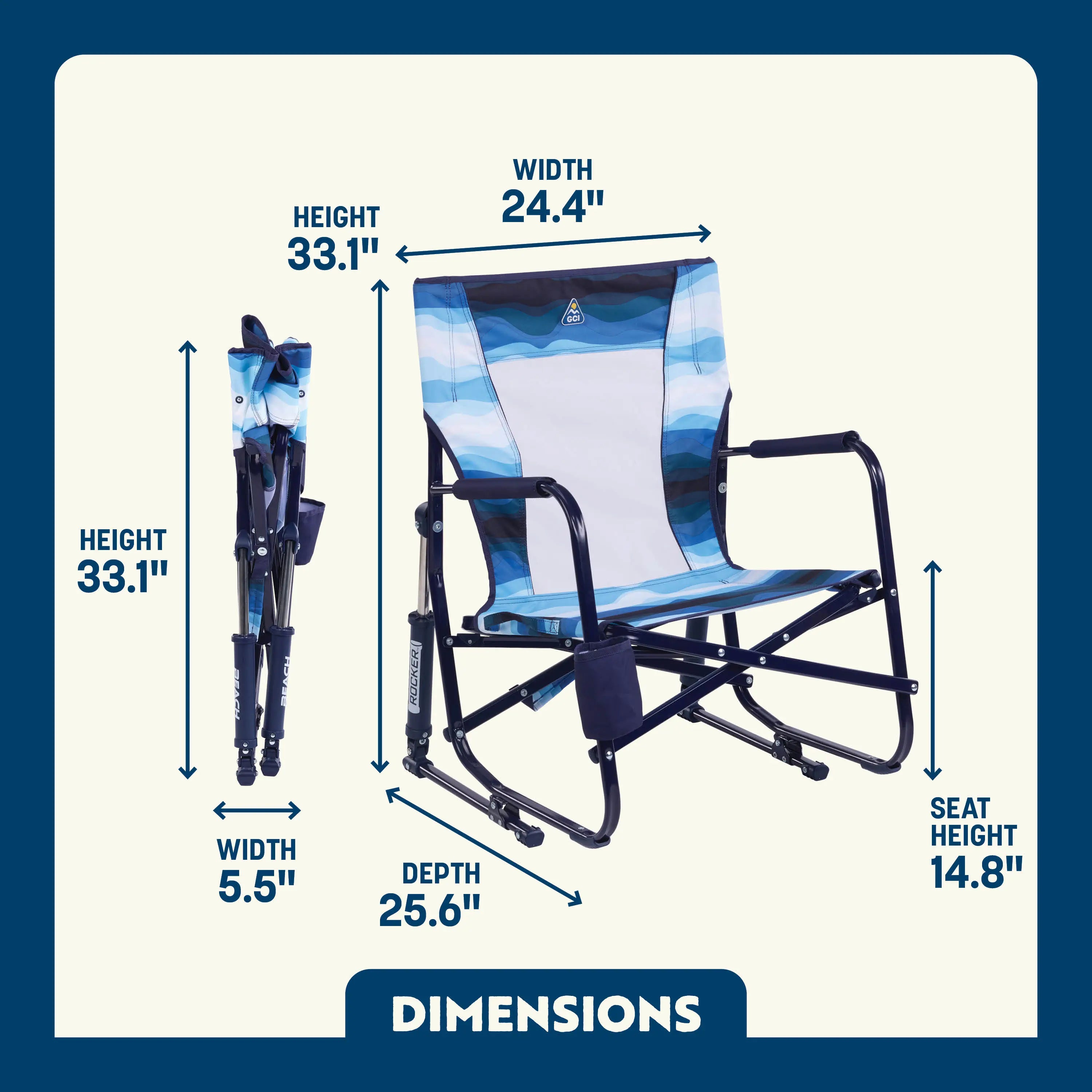 Dimension overview of the Beach Rocker chair, with labeled arrows indicating height, width, depth, and seat height.