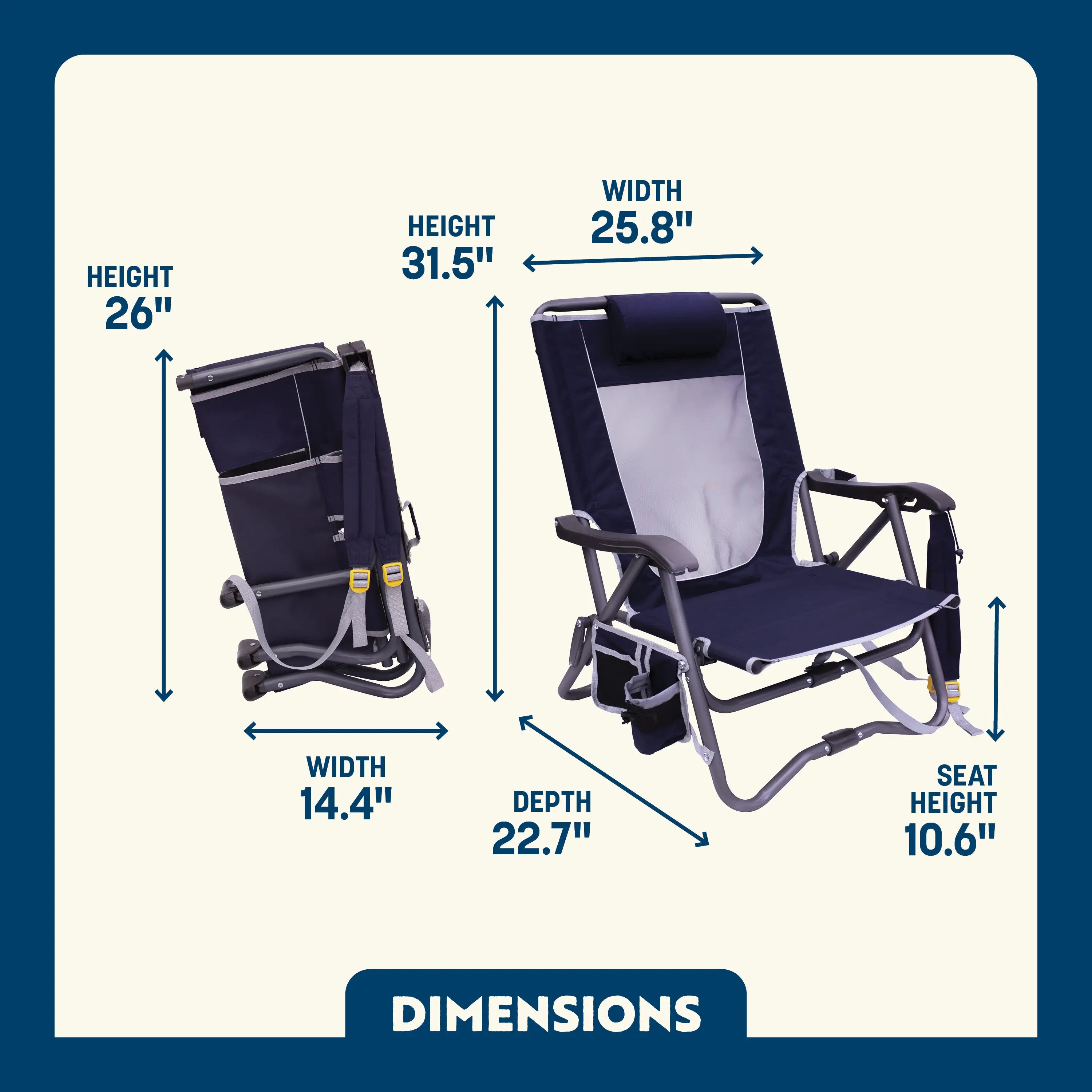Bi-Fold Slim Event Chair dimensions overview.