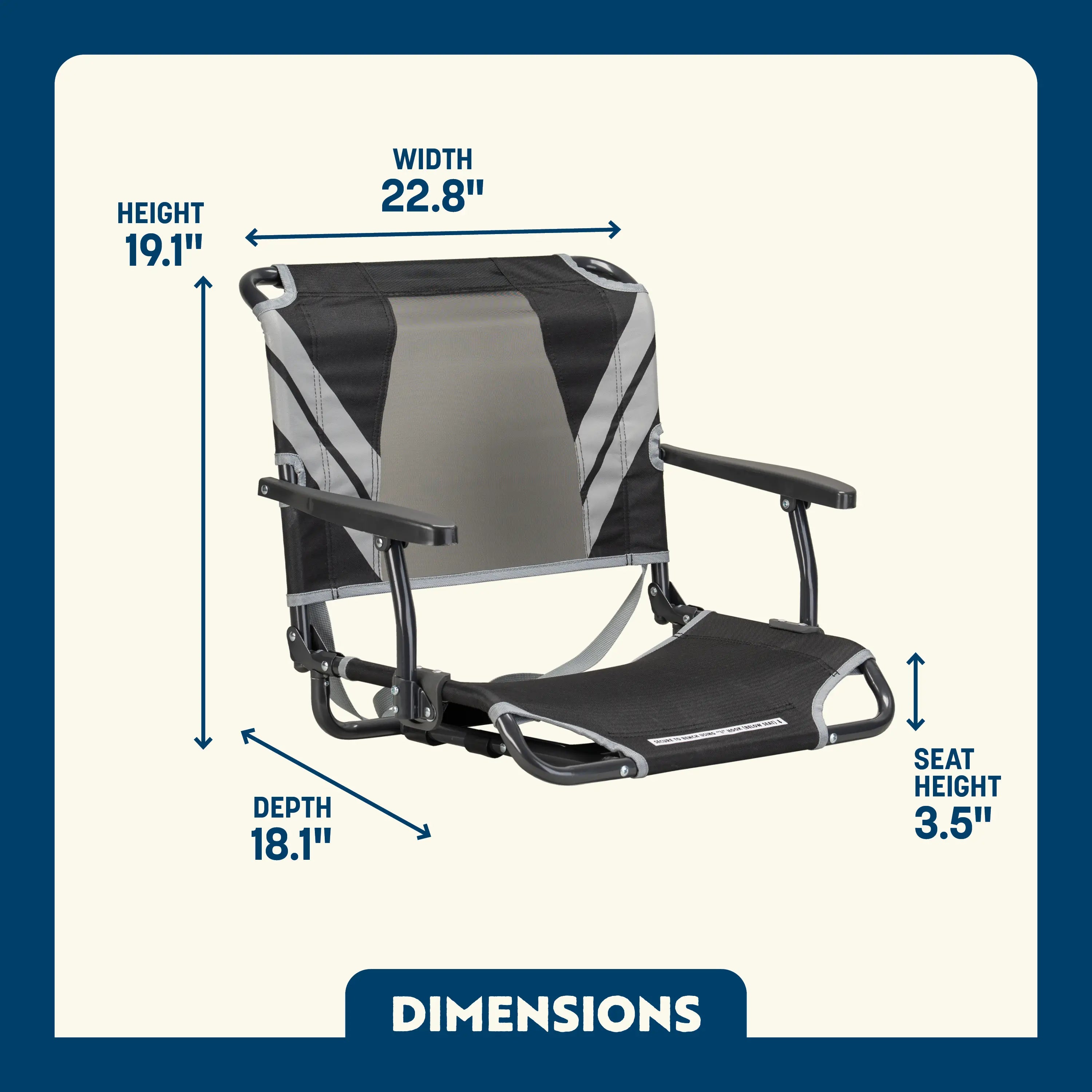 Dimension overview of the Big Comfort Stadium Chair, showing labeled seat height, width, depth, and back height.