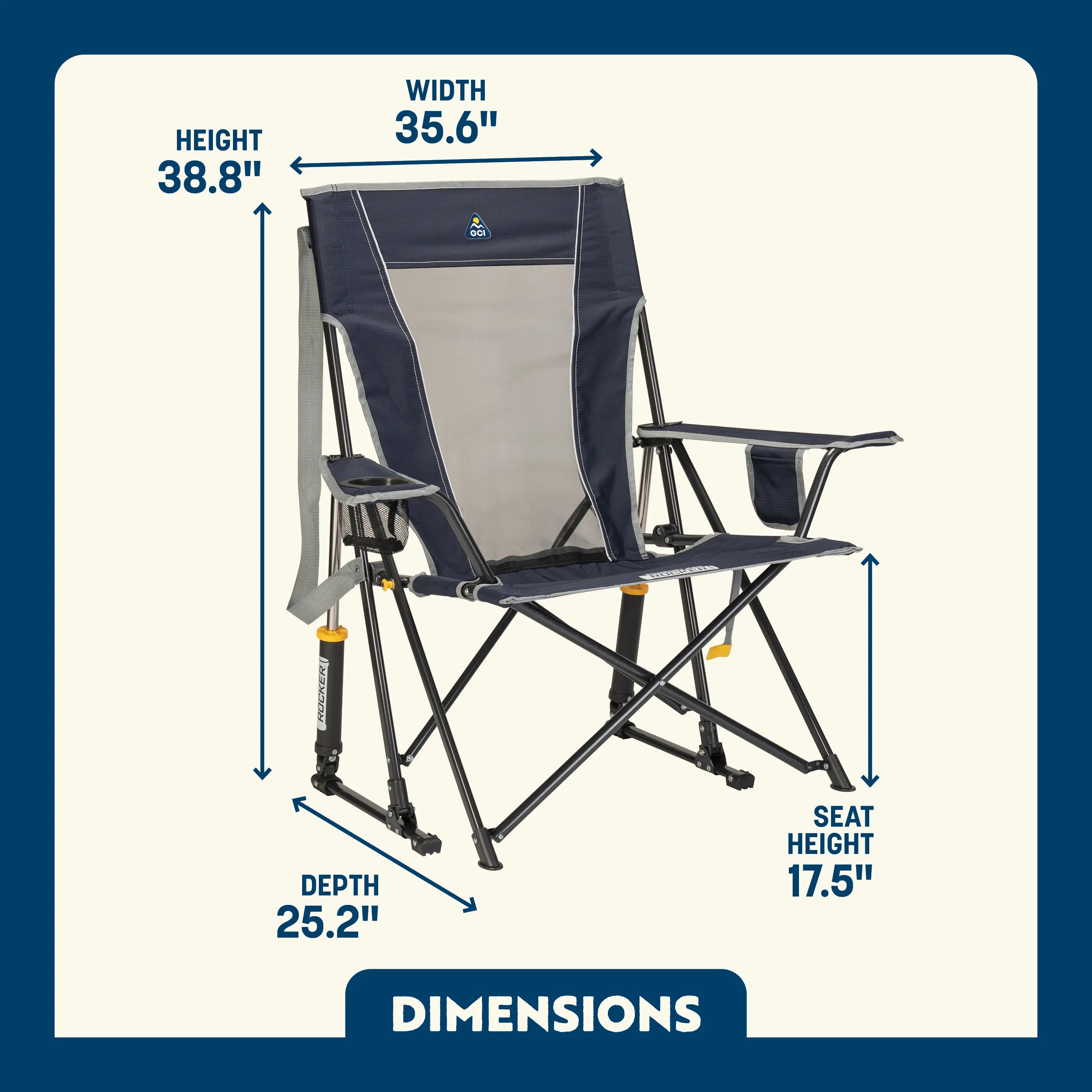 Indigo Comfort Pro Rocker with cupholder showing the dimensions.