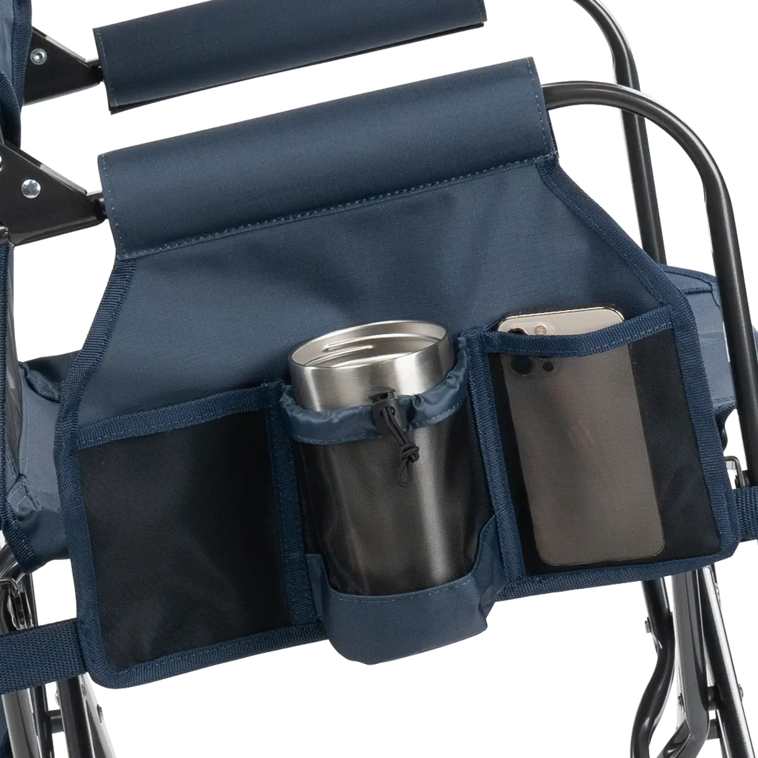 Versatile drink caddy on denim stowaway rocker.