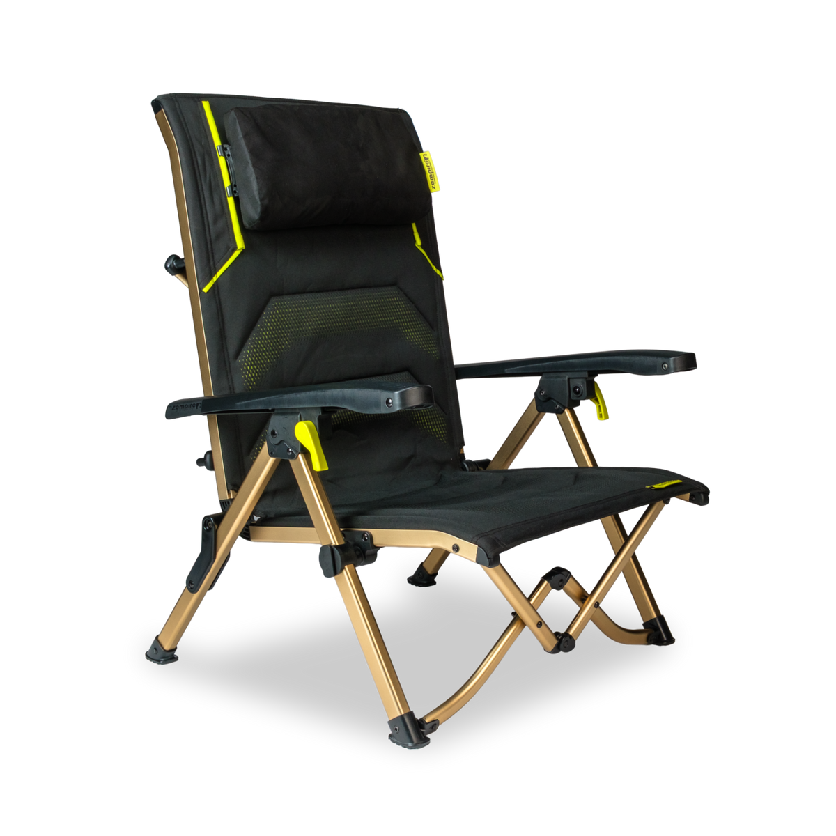 Black and gold camping chair with yellow accents on a white background