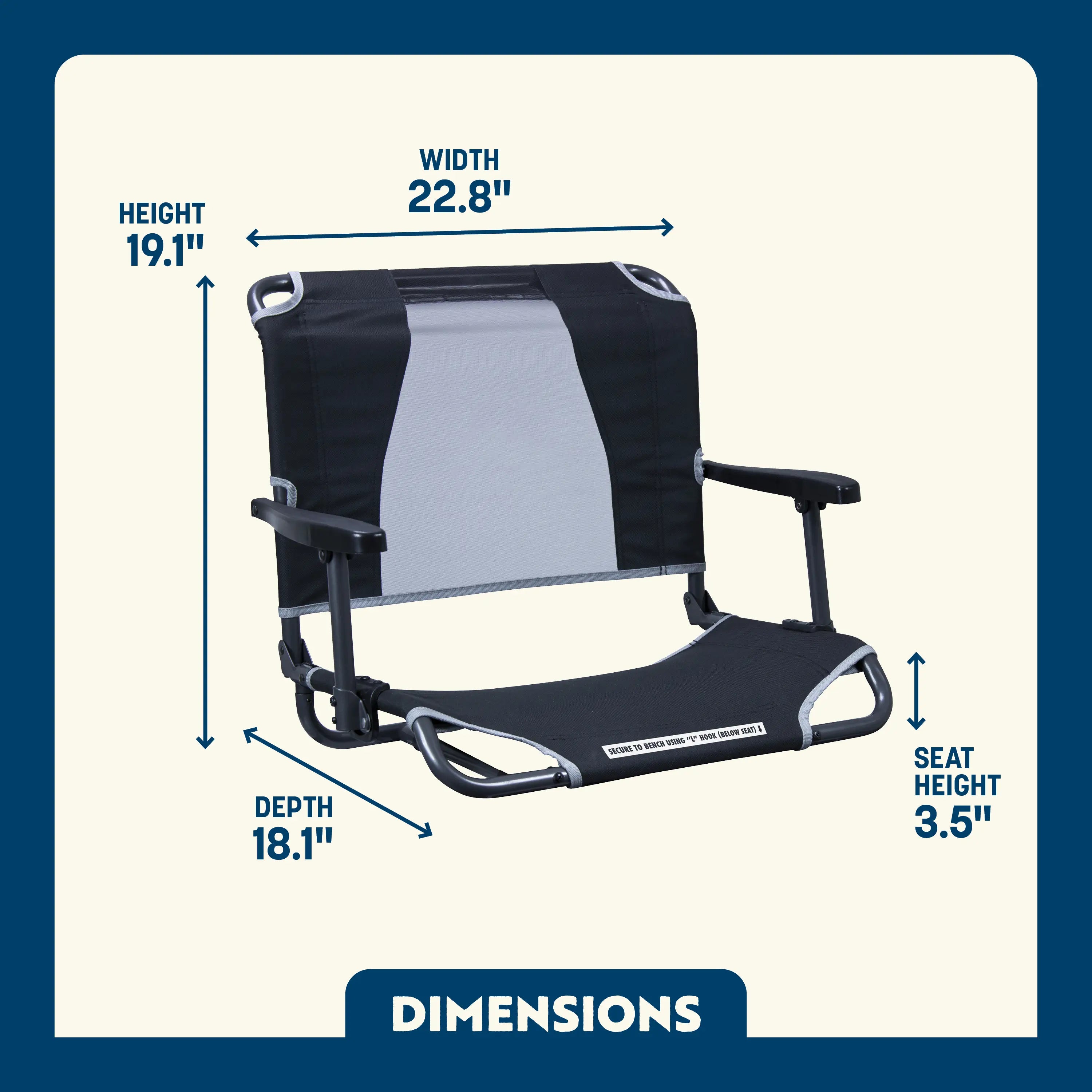 Dimension overview of the Big Comfort Stadium Chair, showing labeled seat height, width, depth, and back height.