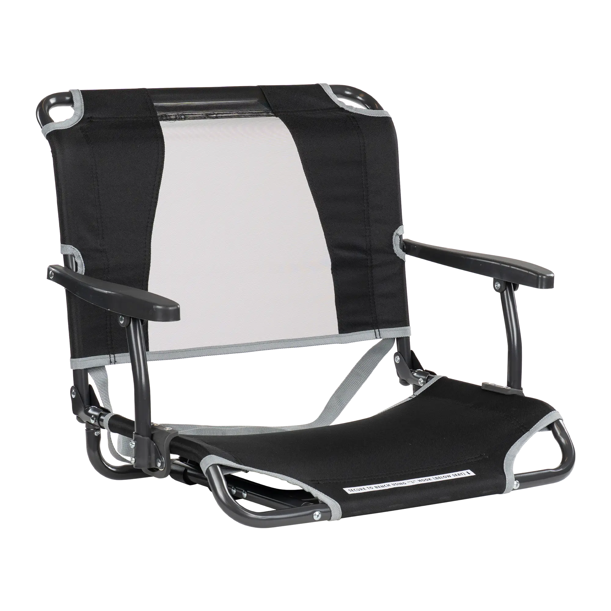 Front angle of the black big comfort stadium chair with armrests. 