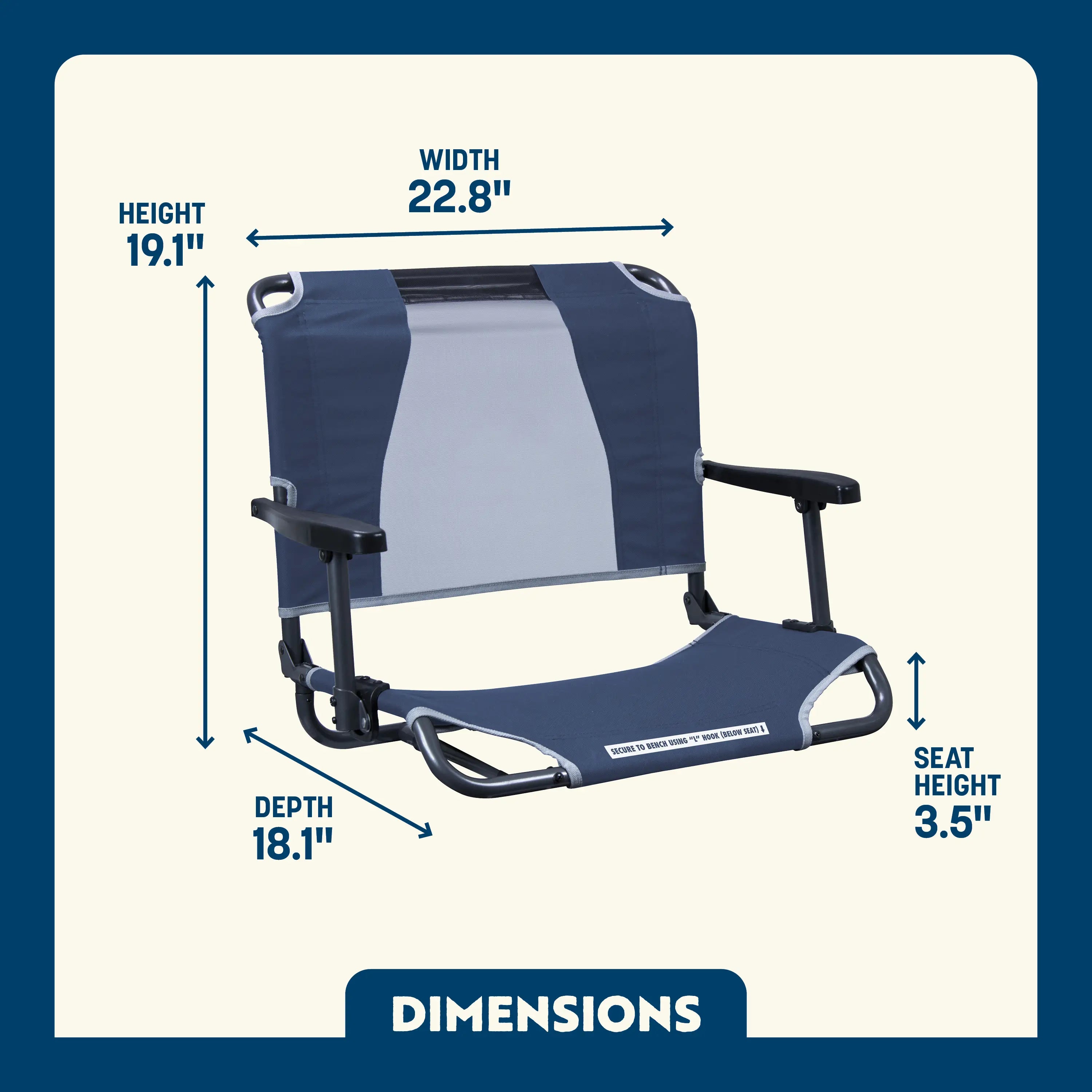 Dimension overview of the Big Comfort Stadium Chair, showing labeled seat height, width, depth, and back height.