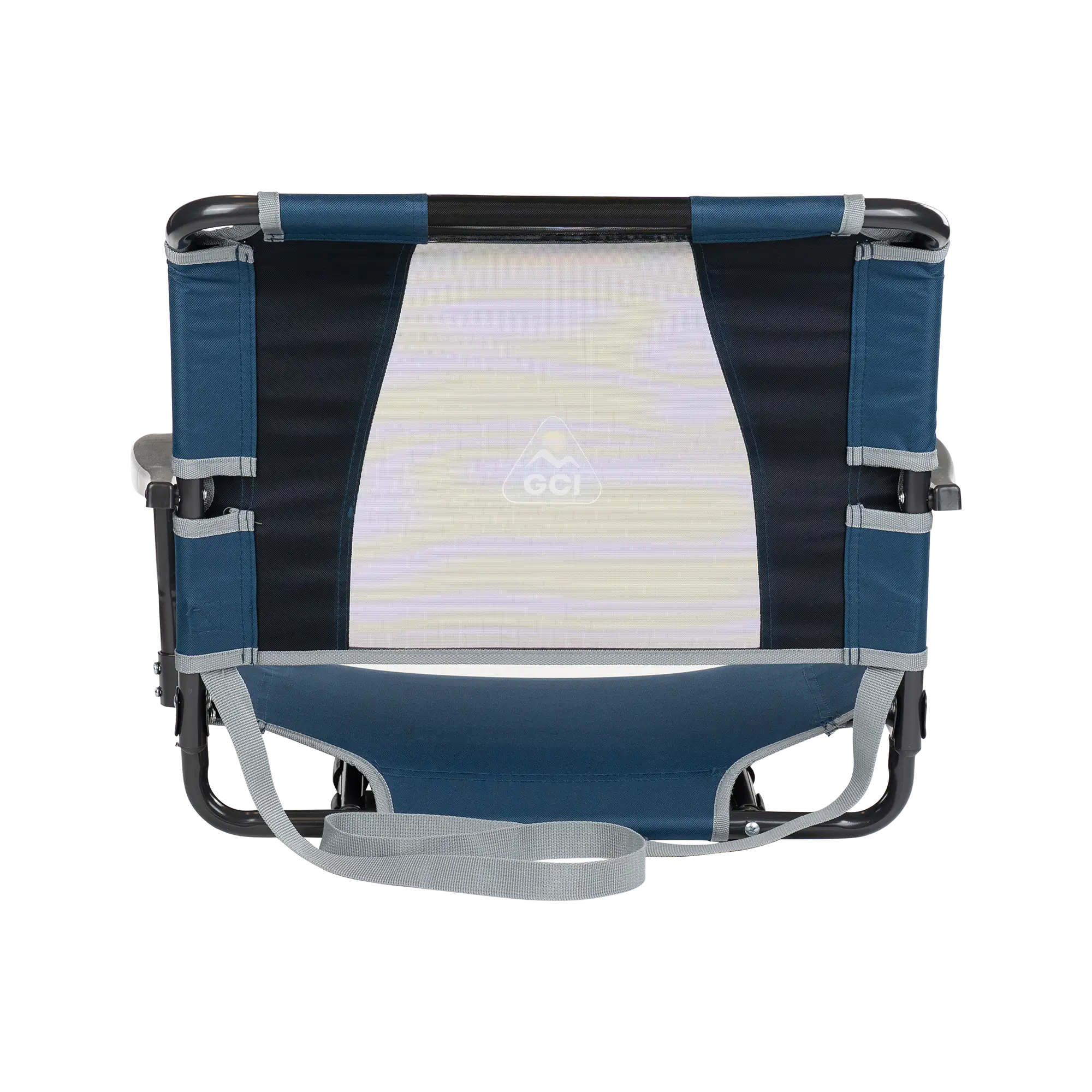 Straight back angle of the backside of the navy big comfort stadium with armrests. 