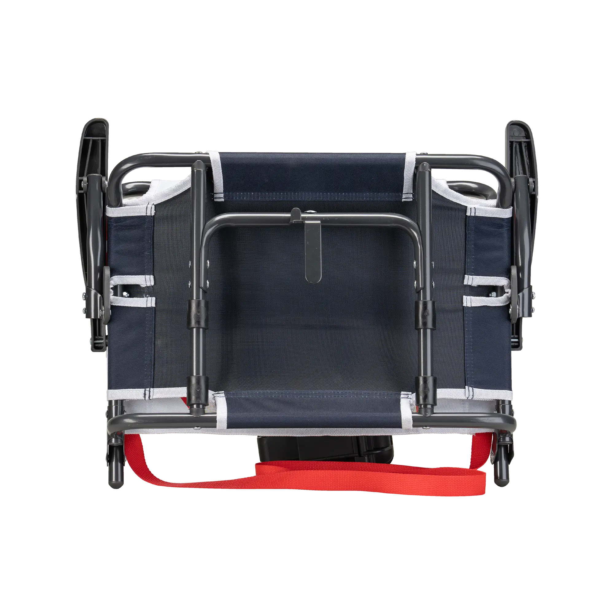Underside of the red/white/indigo big comfort stadium chair with armrests with the l-hook closed. 
