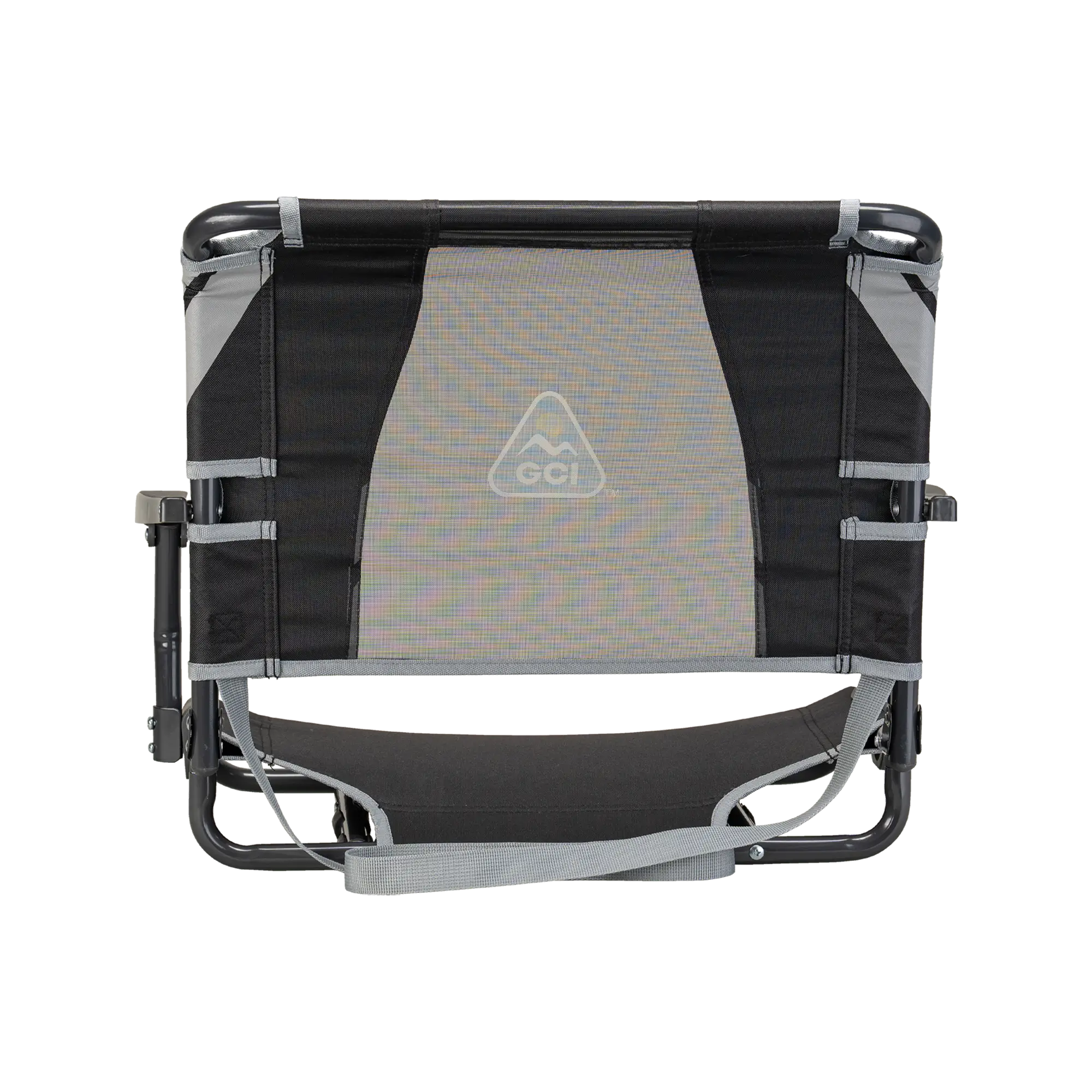 Straight back angle of the backside of the black/gray big comfort stadium with armrests. 