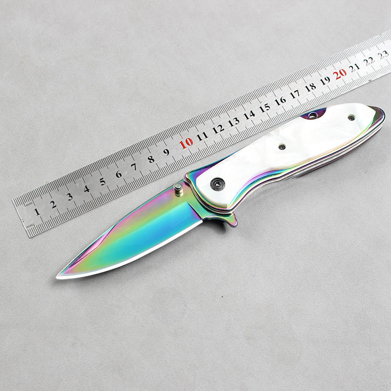 DA76 Folding Knife – Iridescent Shell-Inlay Butterfly Style; Sharp Stainless Steel Blade; Suitable for Camping, Outdoors, and Display.
