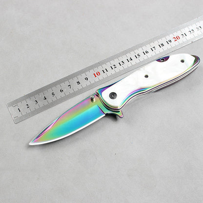 DA76 Folding Knife – Iridescent Shell-Inlay Butterfly Style; Sharp Stainless Steel Blade; Suitable for Camping, Outdoors, and Display.