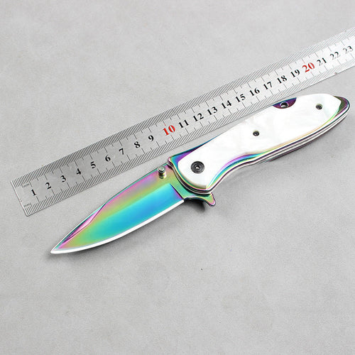DA76 Folding Knife – Iridescent Shell-Inlay Butterfly Style; Sharp Stainless Steel Blade; Suitable for Camping, Outdoors, and Display.