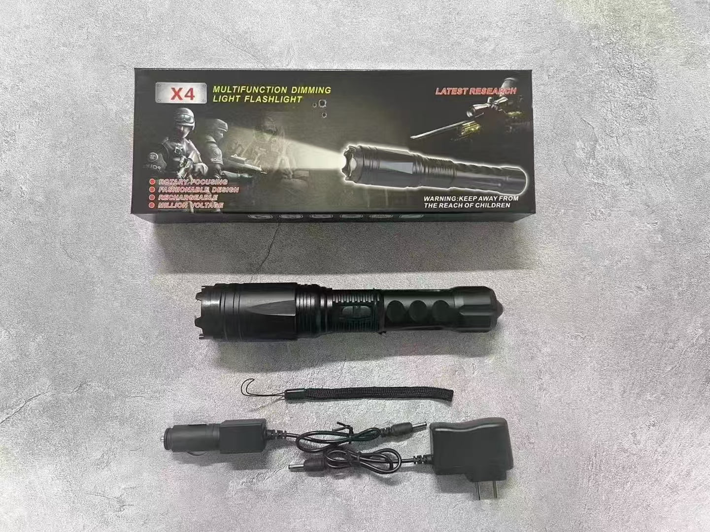 Miniature stun baton, X4 high-intensity flashlight