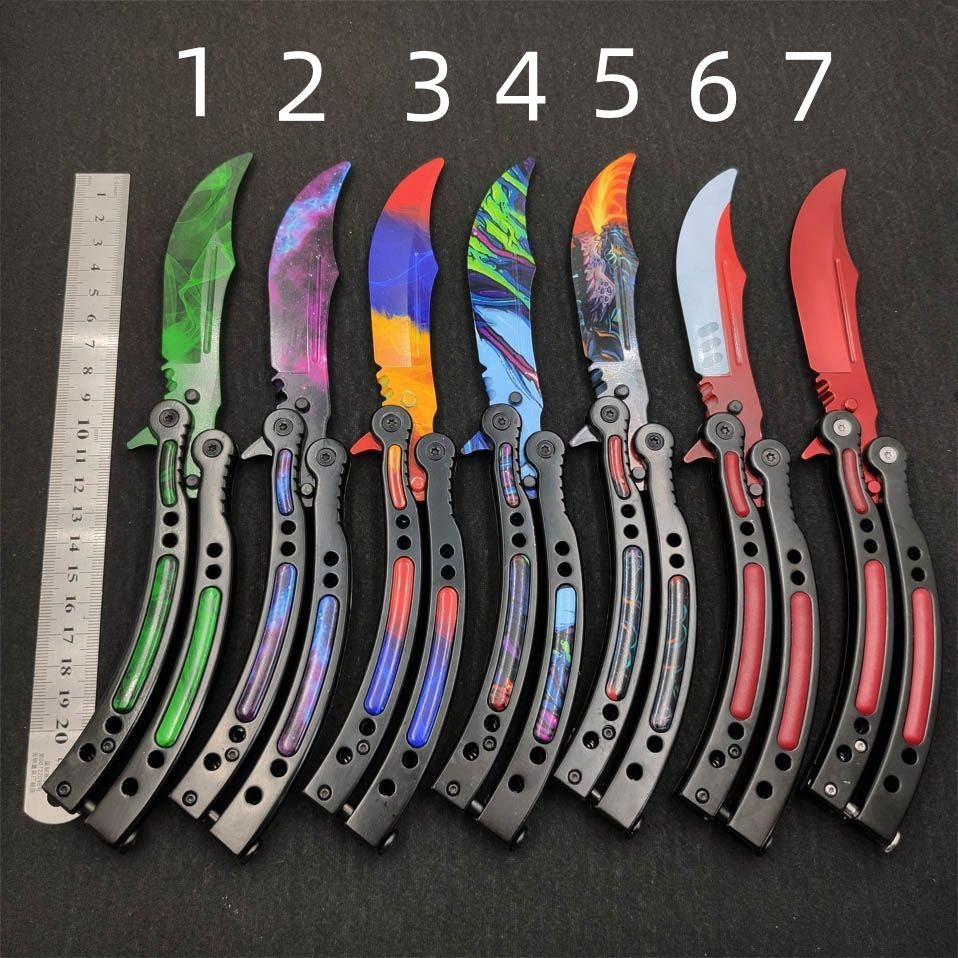 All-steel gradient folding butterfly practice knife, non-porous, unsharpened, with spring lock clasp