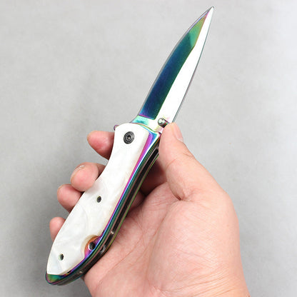 DA76 Folding Knife – Iridescent Shell-Inlay Butterfly Style; Sharp Stainless Steel Blade; Suitable for Camping, Outdoors, and Display.