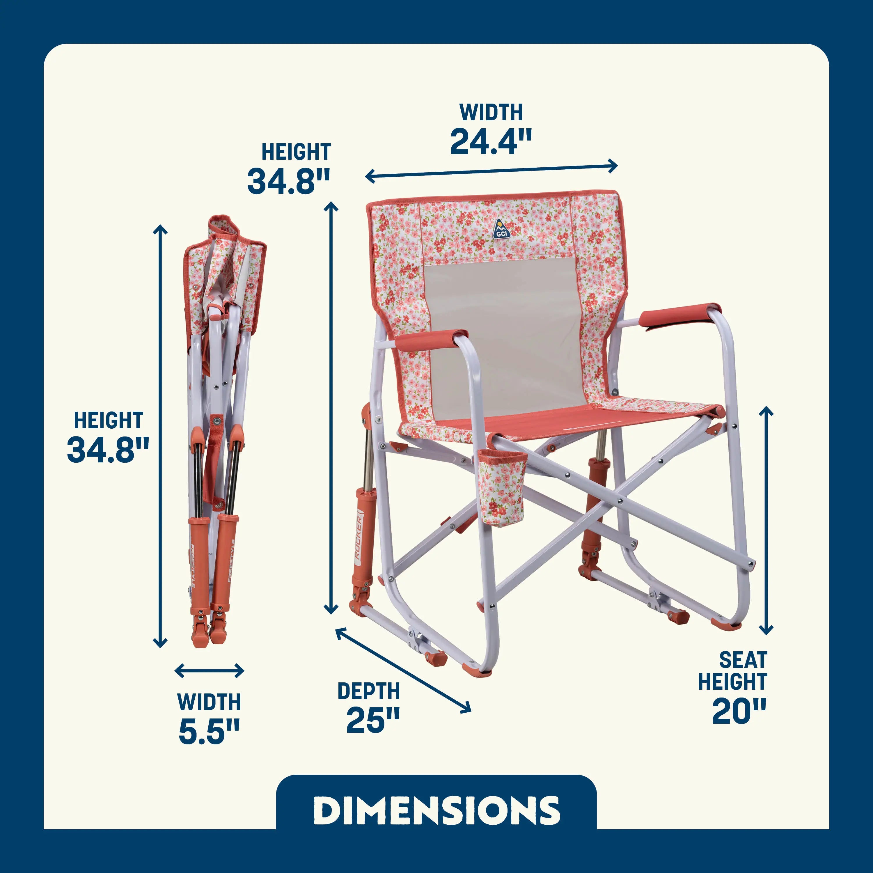 Pink Sundress Freestyle Rocker shown open and folded, with seat height, width, depth, and total height labeled.