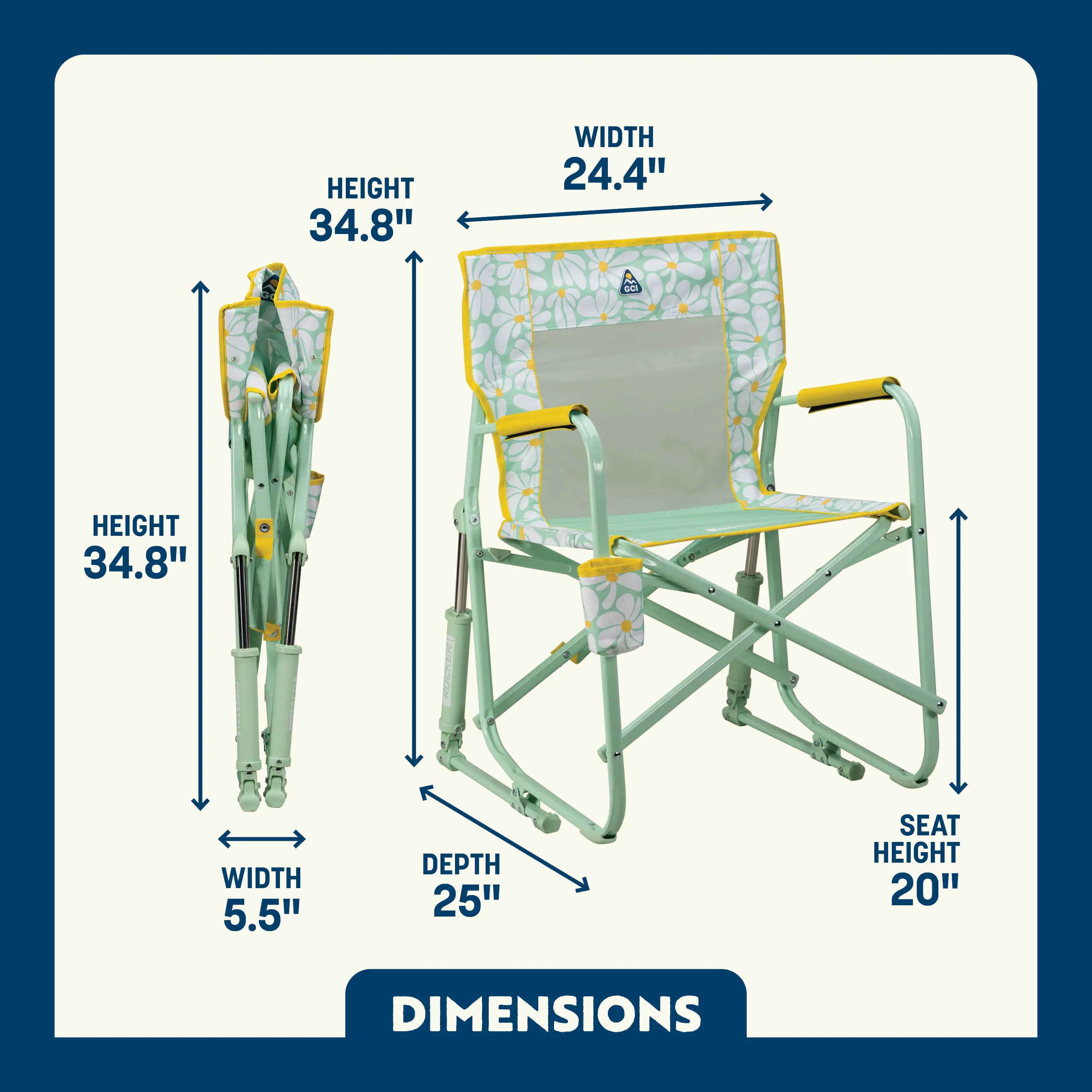 Green/Yellow Freestyle Rocker shown open and folded, with seat height, width, depth, and total height labeled.