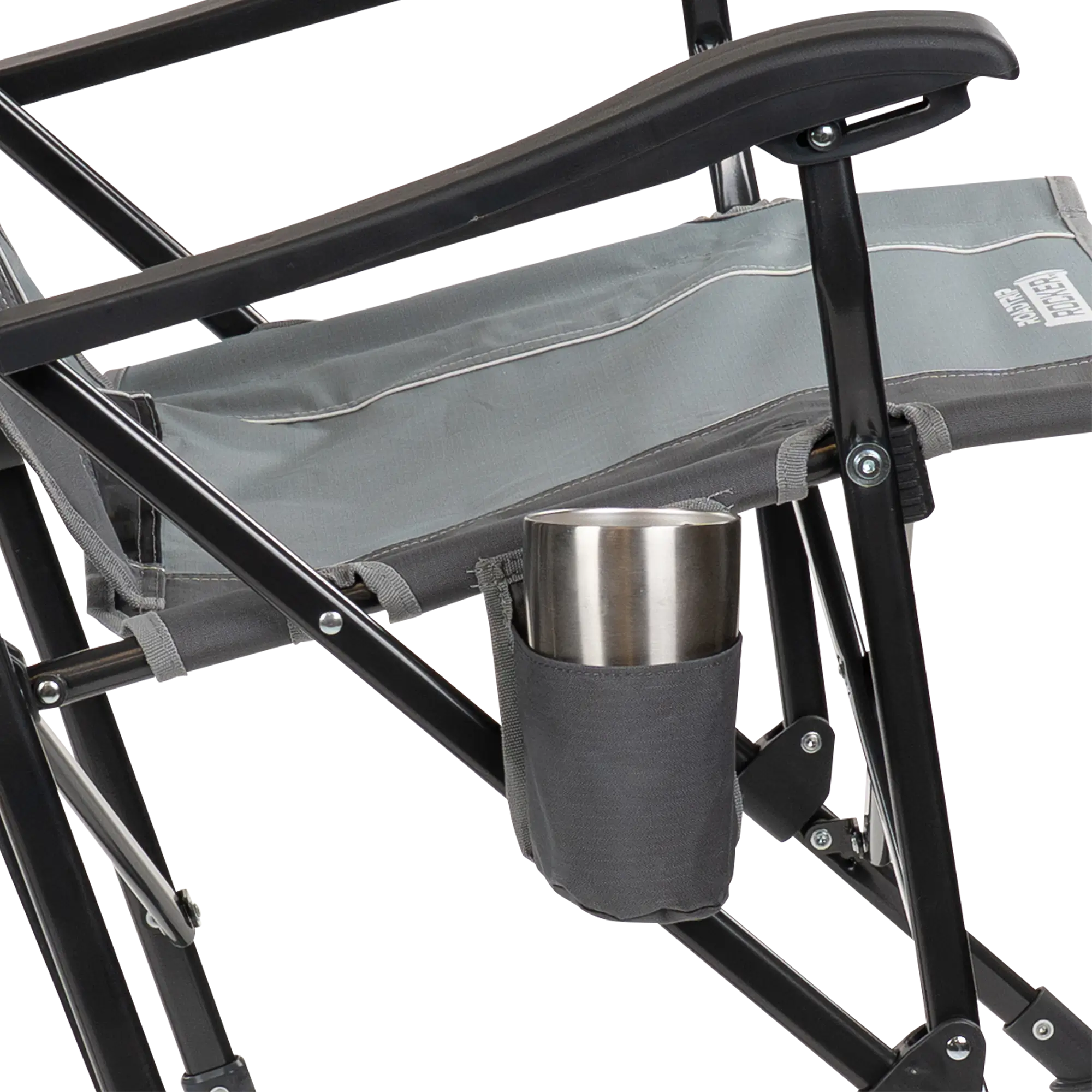 Up-close of the mercury gray roadtrip rocker with the integrated cup holder. 