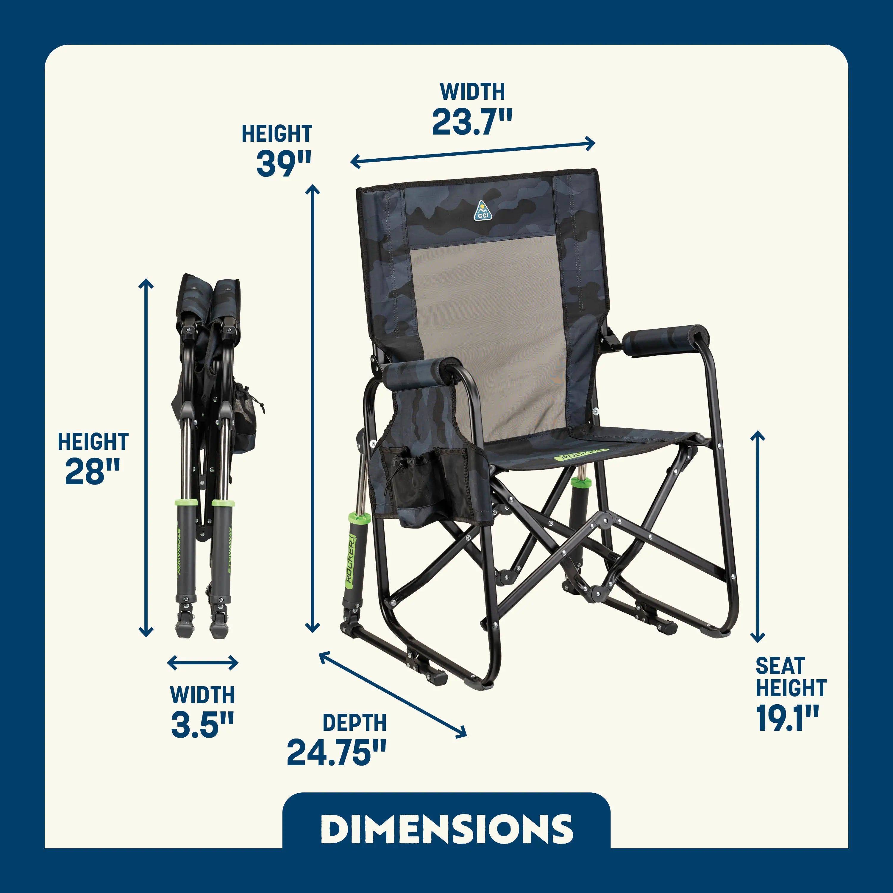 Stowaway Rocker shown open and folded, with compact frame, mesh panel, and labeled seat and chair dimensions.
