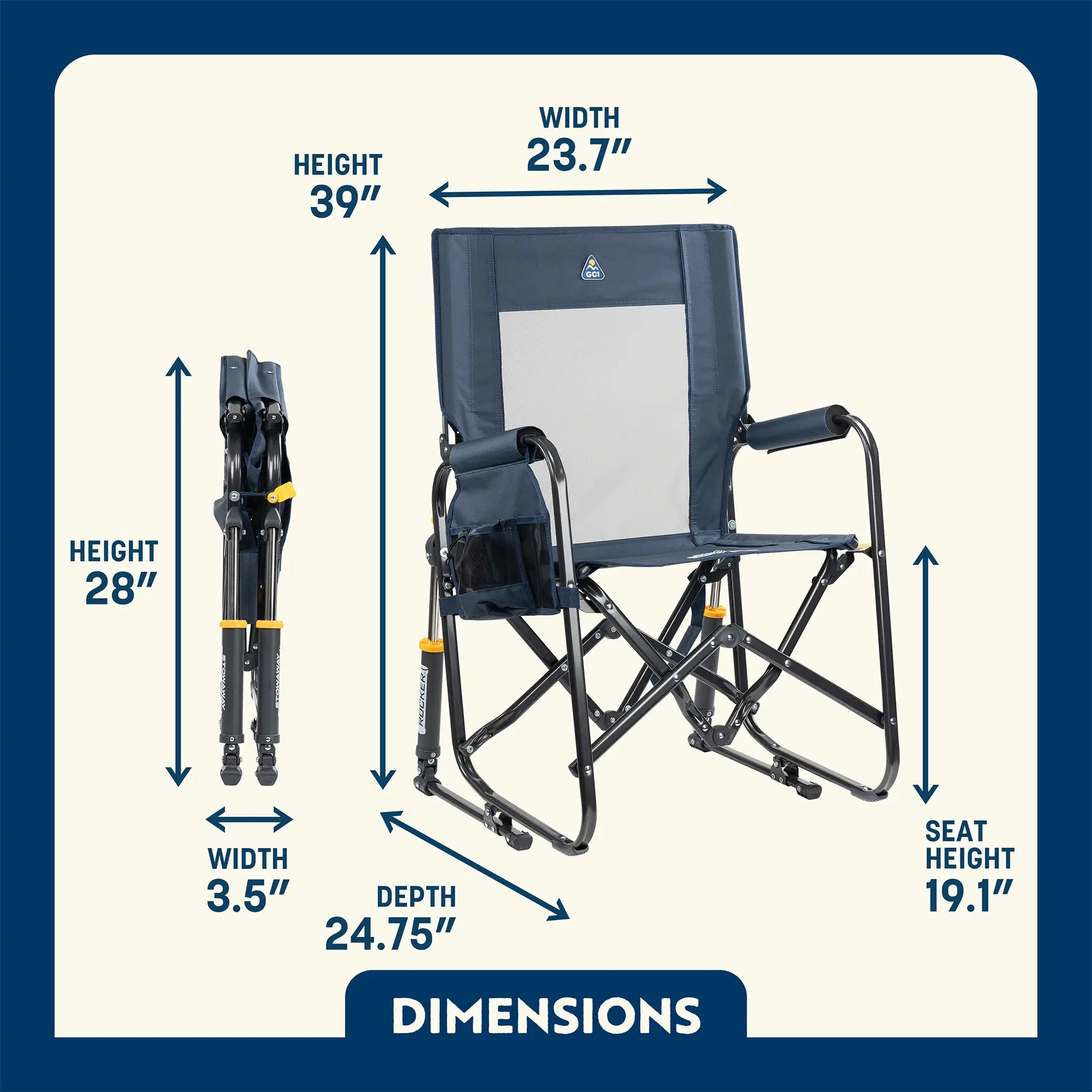 Dimensions of the denim stowaway rocker chair. 