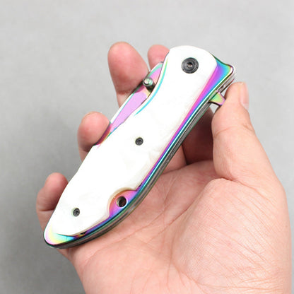 DA76 Folding Knife – Iridescent Shell-Inlay Butterfly Style; Sharp Stainless Steel Blade; Suitable for Camping, Outdoors, and Display.