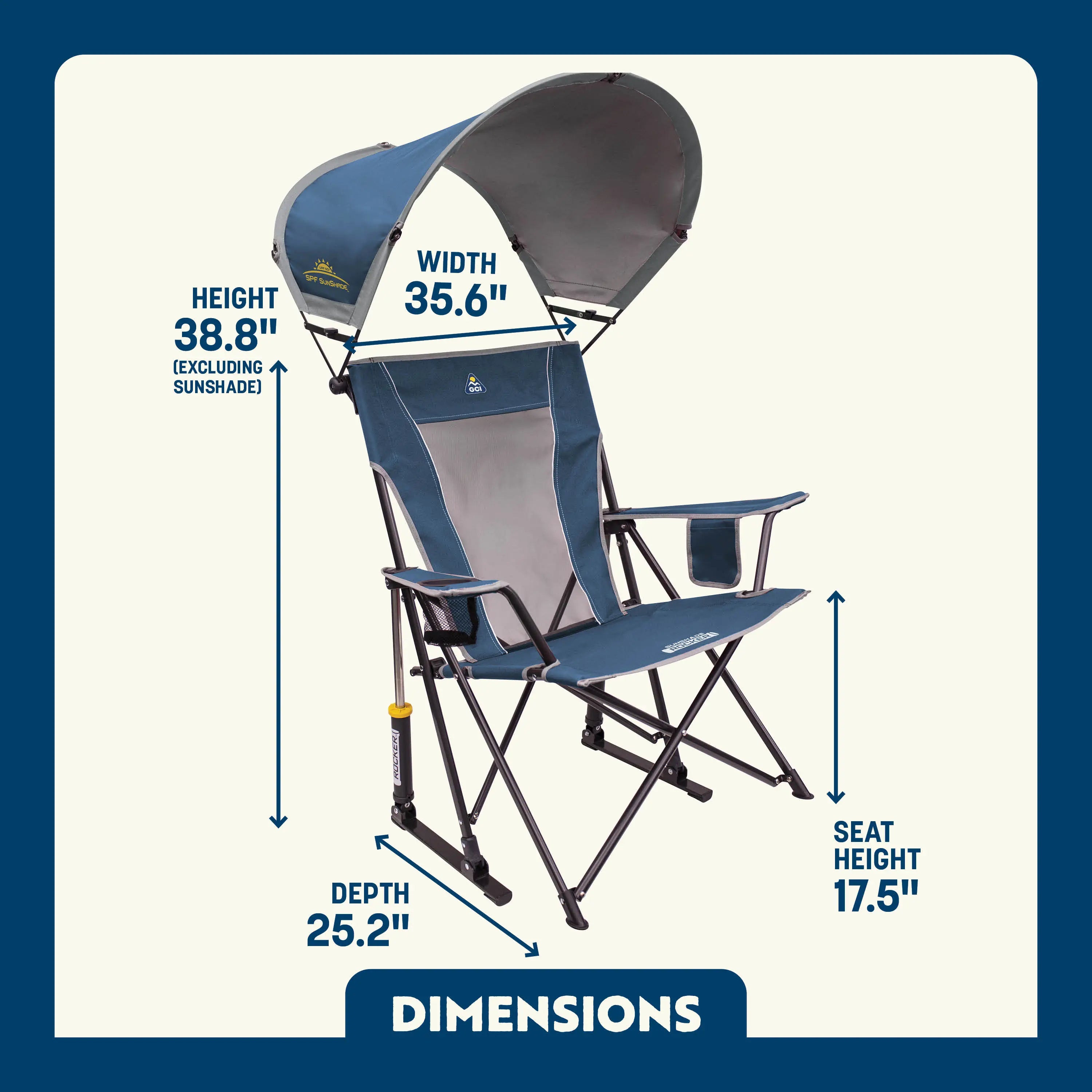 Sunshade Rocker shown fully open with labeled dimensions; includes tall backrest, cupholder, and UPF 50+ adjustable canopy.