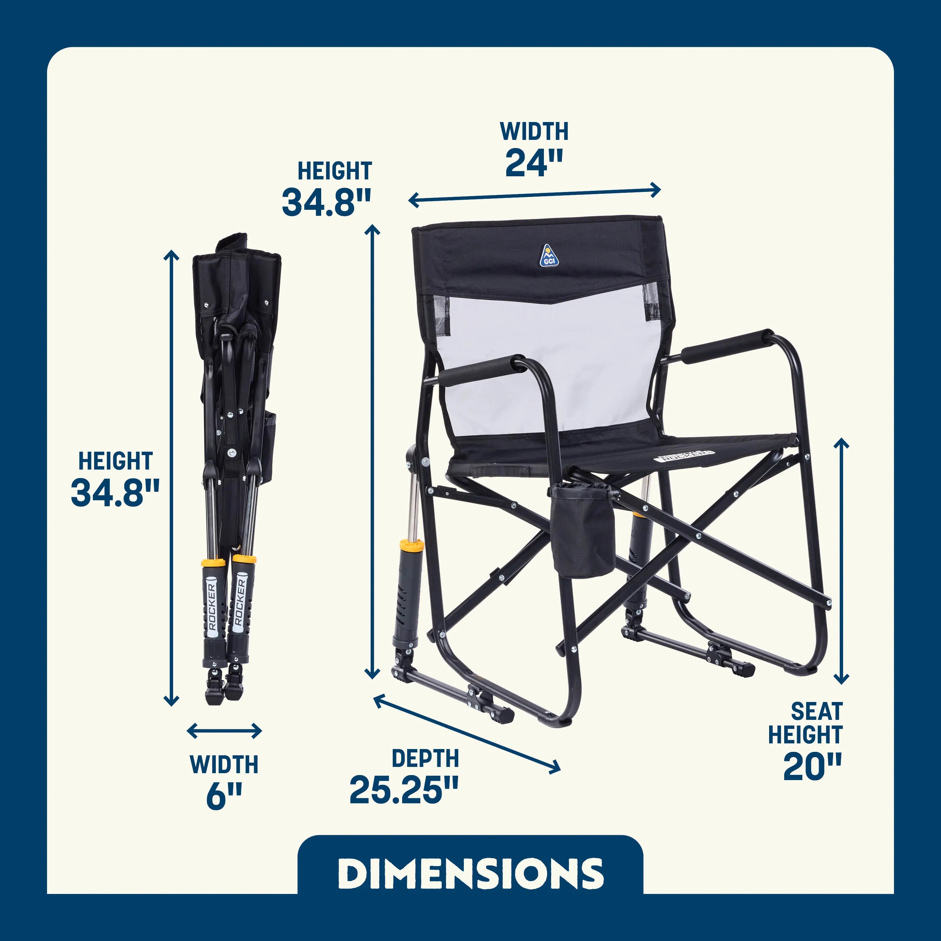 Black Freestyle Rocker Elite shown open and folded, featuring mesh back and cupholder; dimensions labeled.