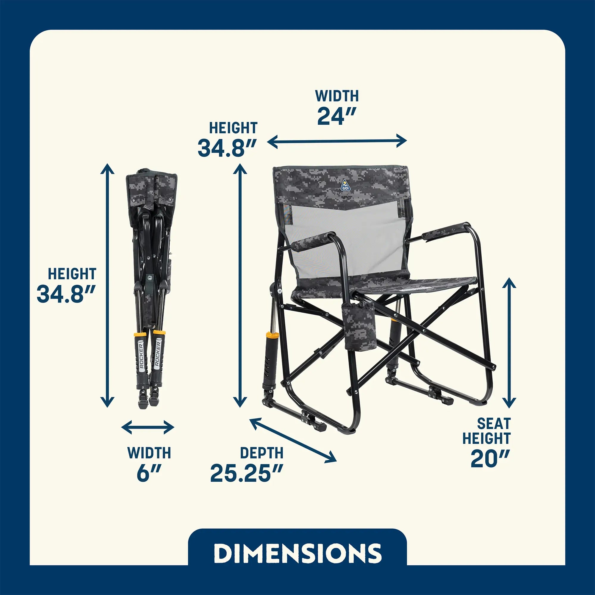 Dimensions of the cool gray camo freestyle rocker elite. 