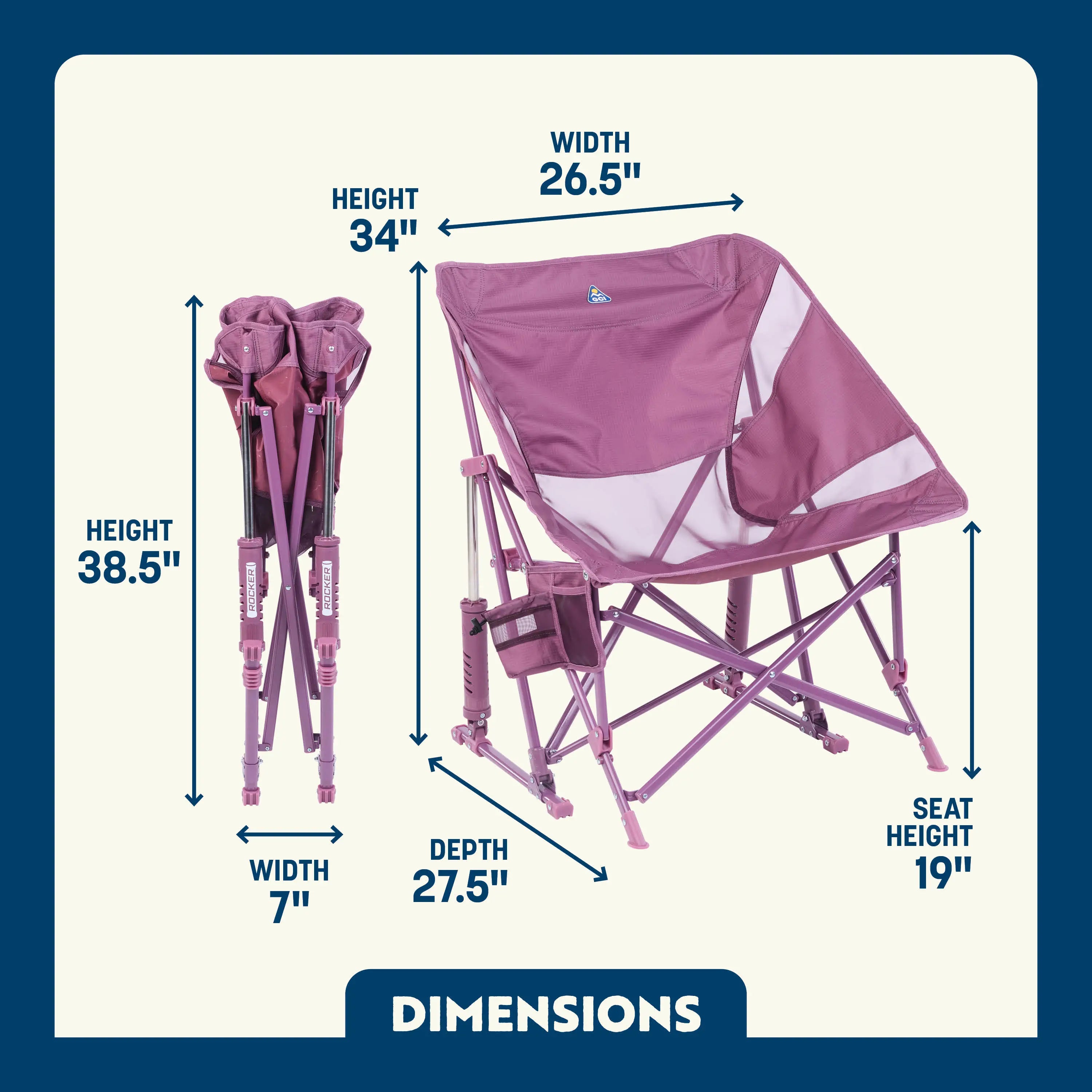 Pastel Amethyst Pod Rocker Elite shown open and folded, with labeled seat height, width, and depth; includes cup and phone holder.