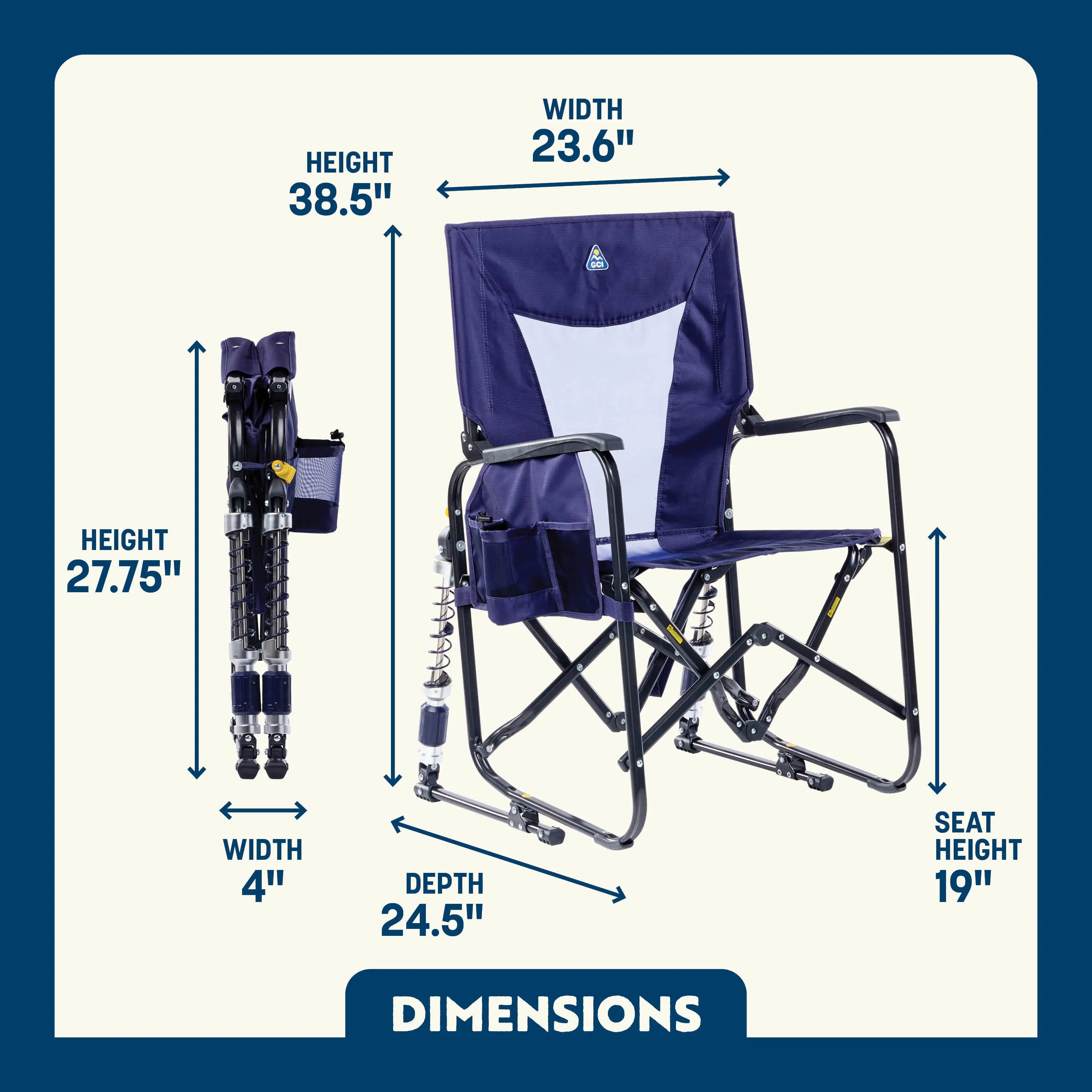 Navy blue and white adjustable rocking chair with black frame displayed in both open and folded states, featuring size details.
