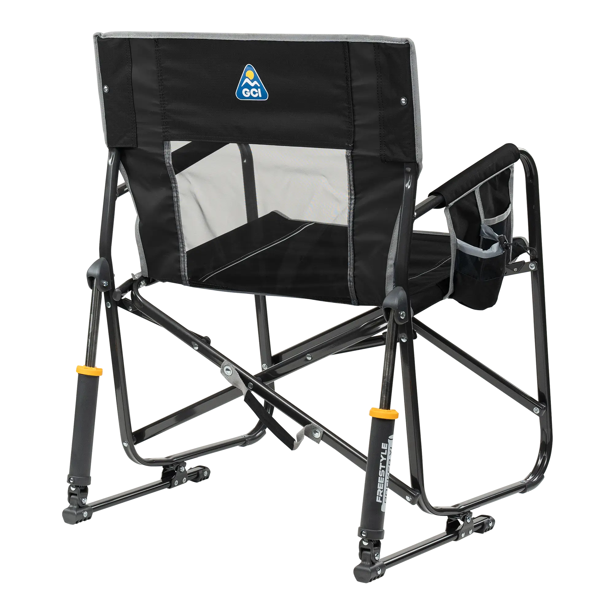 Rear view of black GCI Outdoor Freestyle Rocker showing mesh backrest and storage pouch.