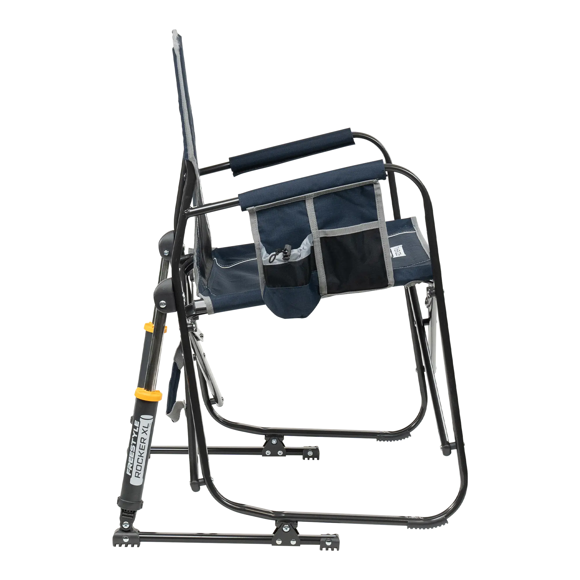 Side view of GCI Outdoor Freestyle Rocker XL with labeled side storage and shock absorbers.