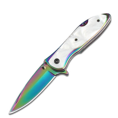 DA76 Folding Knife – Iridescent Shell-Inlay Butterfly Style; Sharp Stainless Steel Blade; Suitable for Camping, Outdoors, and Display.