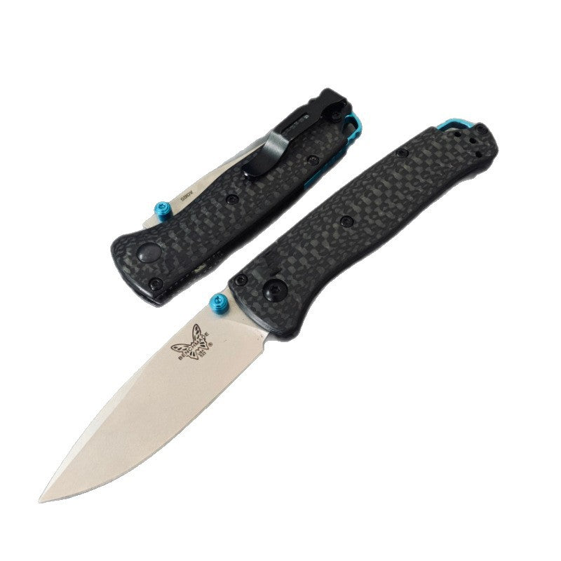 Ball-bearing folding knife with carbon fiber handle and S90V steel blade—a high-hardness, portable, multi-functional tool for camping and outdoor use.