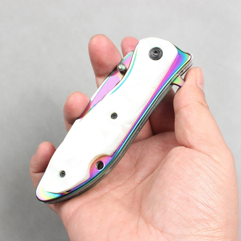 DA76 Folding Knife – Iridescent Shell-Inlay Butterfly Style; Sharp Stainless Steel Blade; Suitable for Camping, Outdoors, and Display.