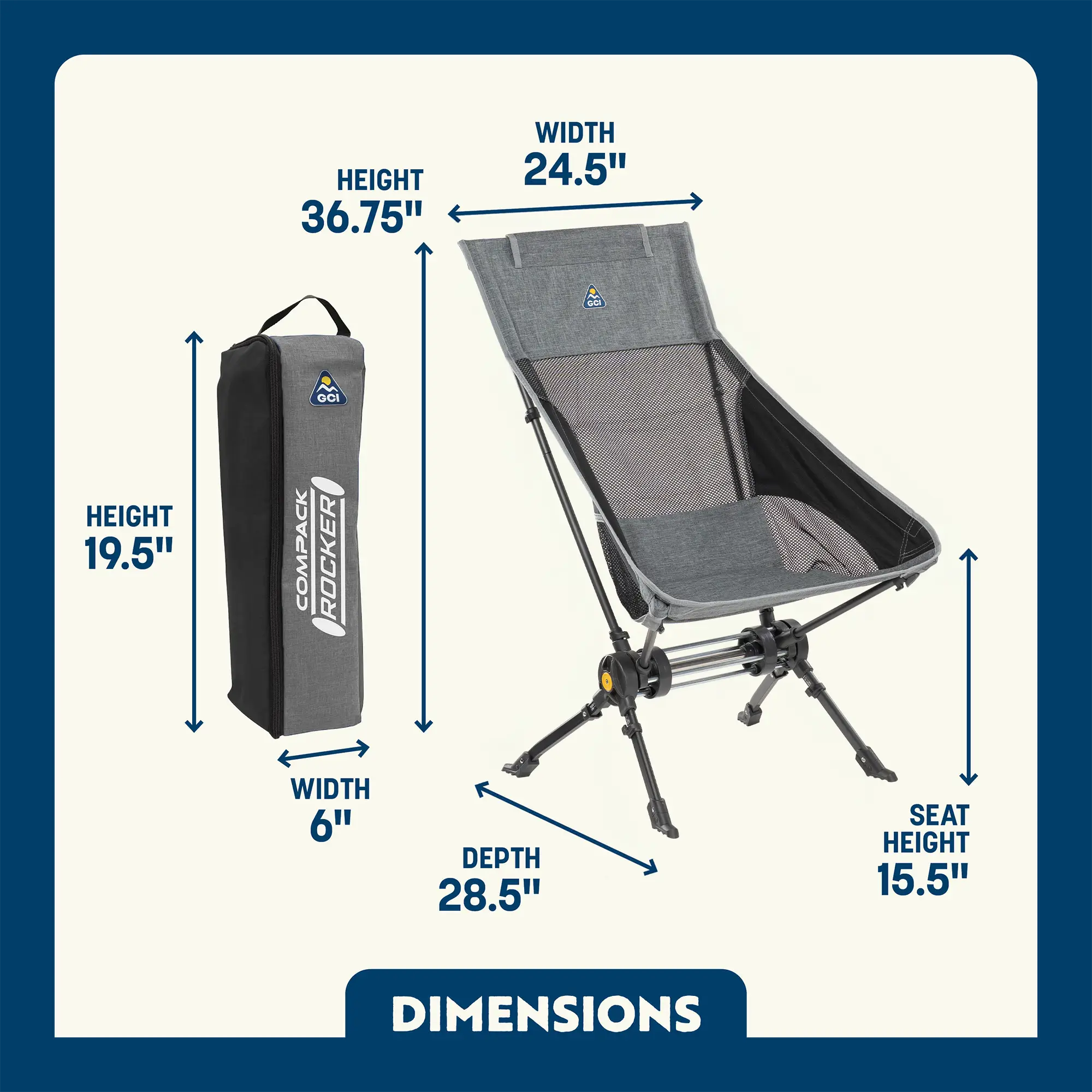 Heathered Pewter Compack Rocker with mesh panels shown assembled and packed in carry bag with dimensions outlined. 