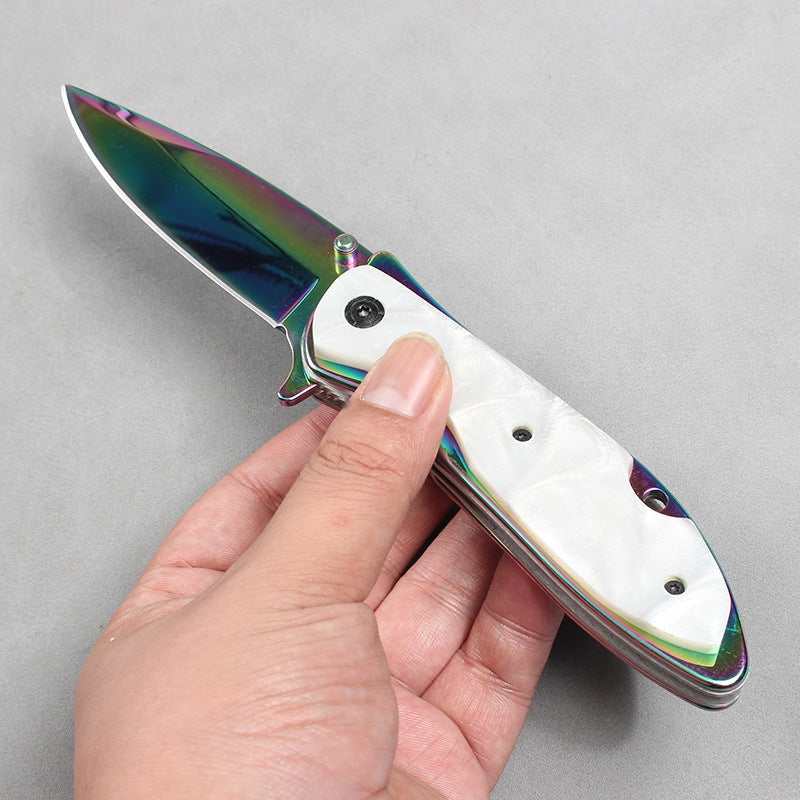 DA76 Folding Knife – Iridescent Shell-Inlay Butterfly Style; Sharp Stainless Steel Blade; Suitable for Camping, Outdoors, and Display.