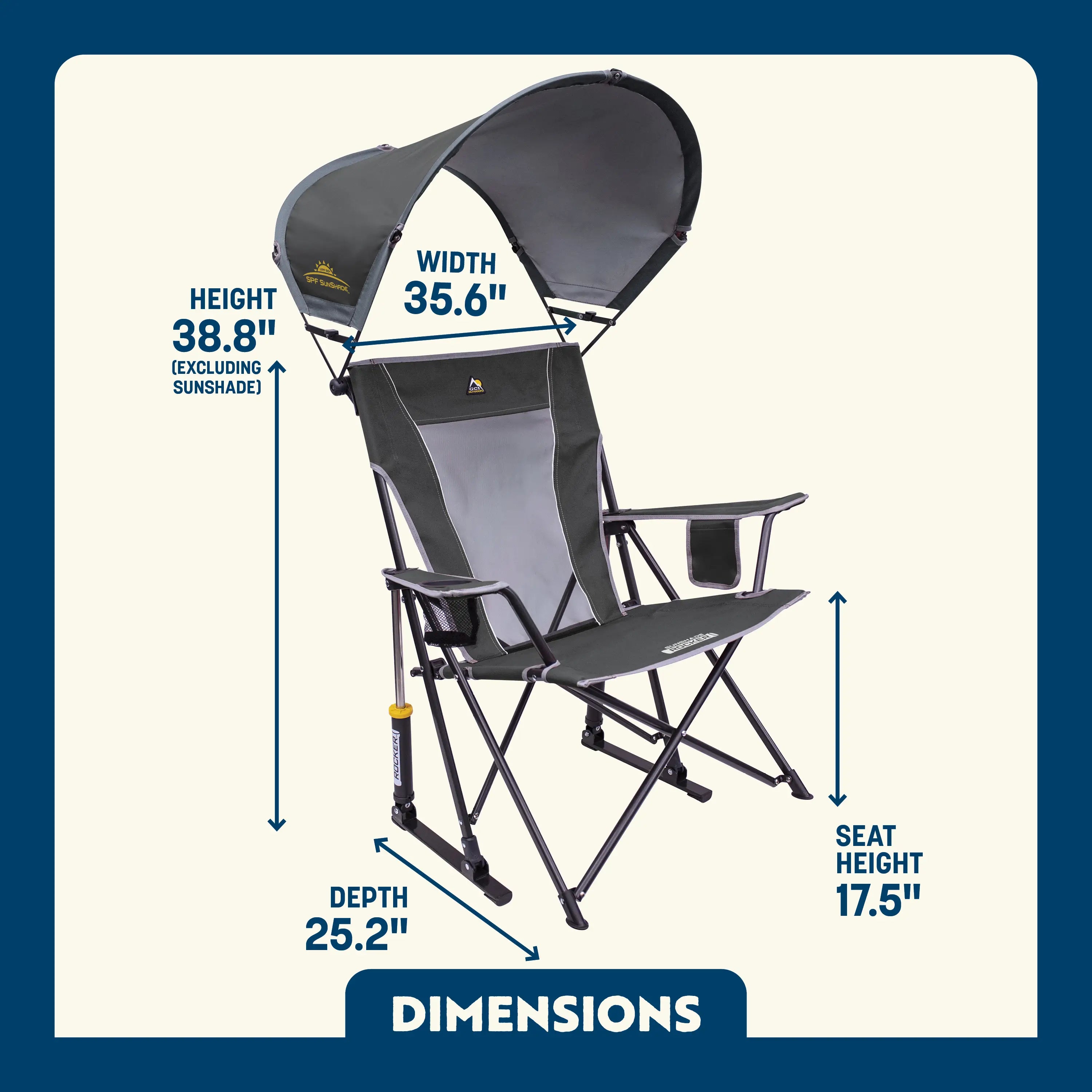 Sunshade Rocker shown fully open with labeled dimensions; includes tall backrest, cupholder, and UPF 50+ adjustable canopy.