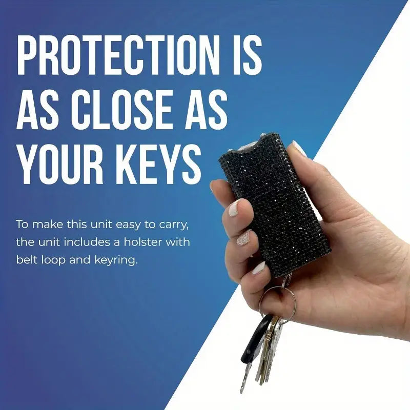 Rechargeable Stun Gun with Rhinestone Grip, Holster and Keyring, Specially Designed for Women's Self-Protection and Personal Safety.